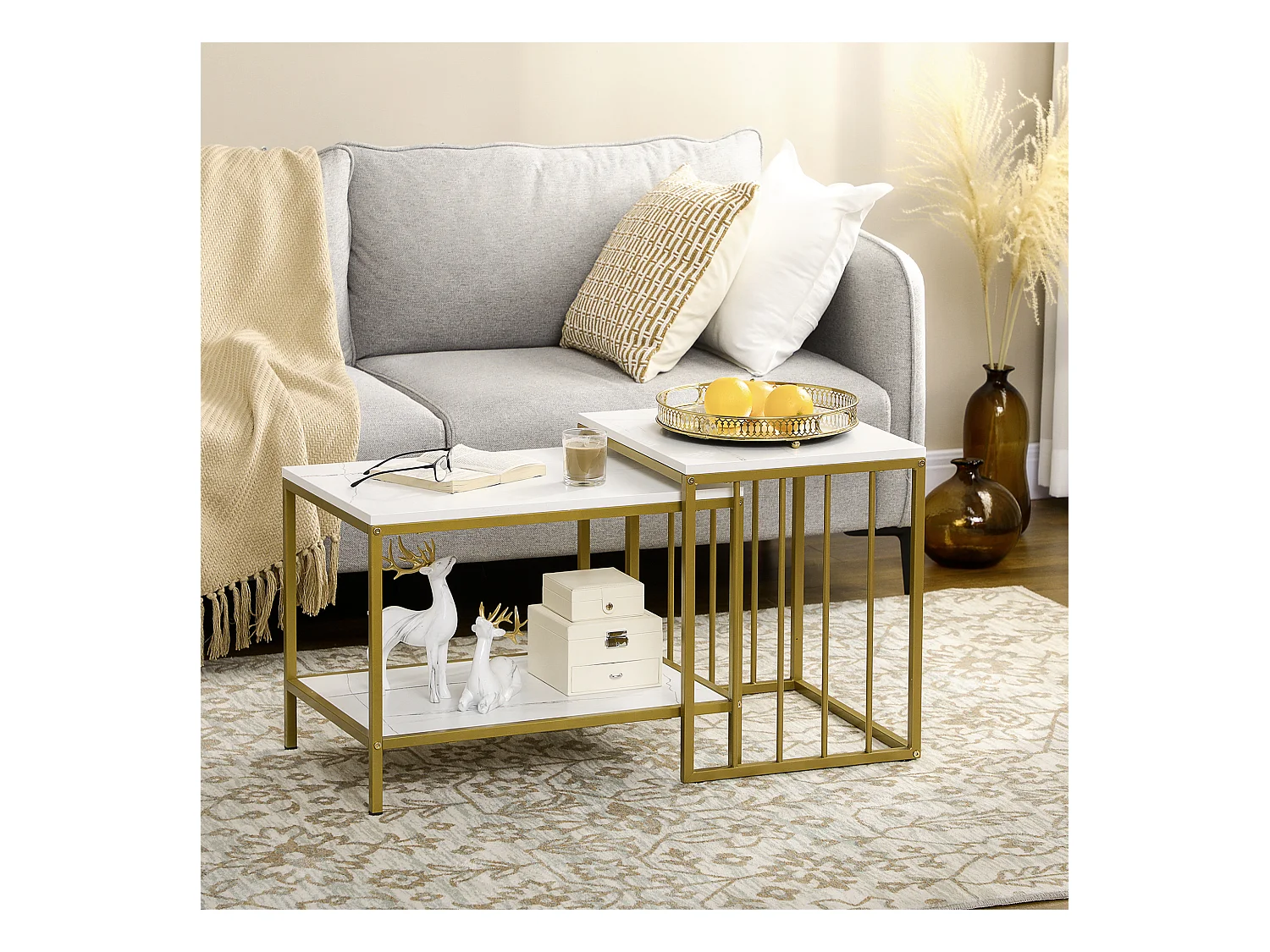 Lot de 2 tables basses gigognes style art déco - acier doré panneaux aspect marbre blanc