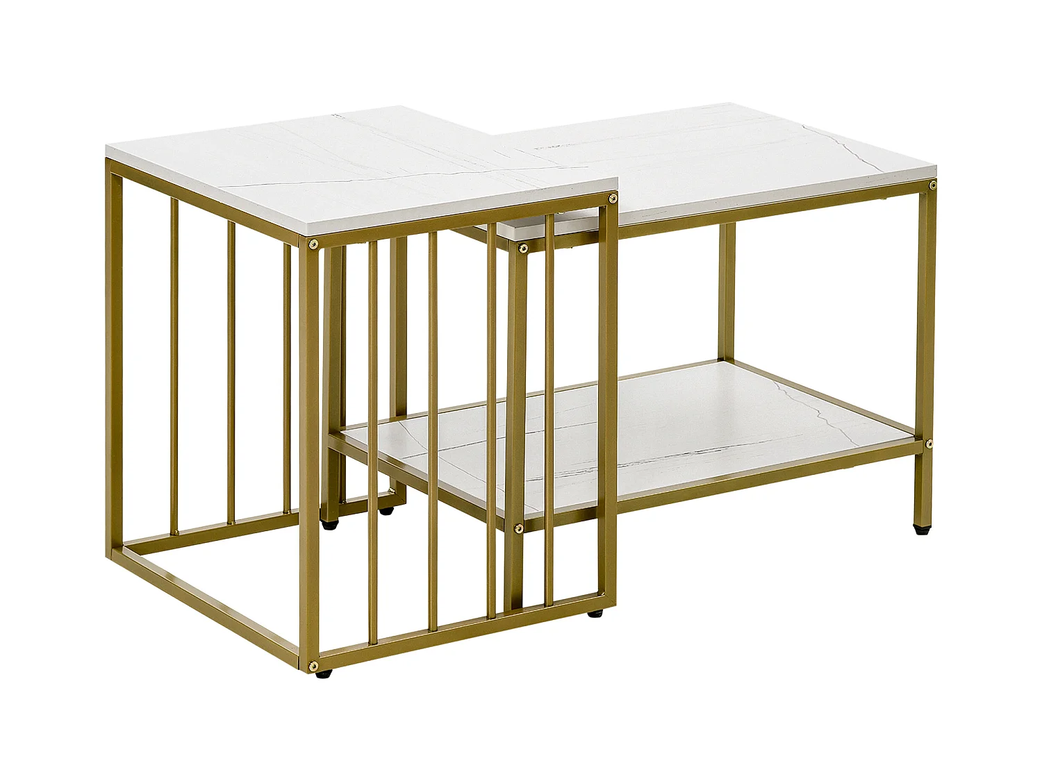 Lot de 2 tables basses gigognes style art déco - acier doré panneaux aspect marbre blanc