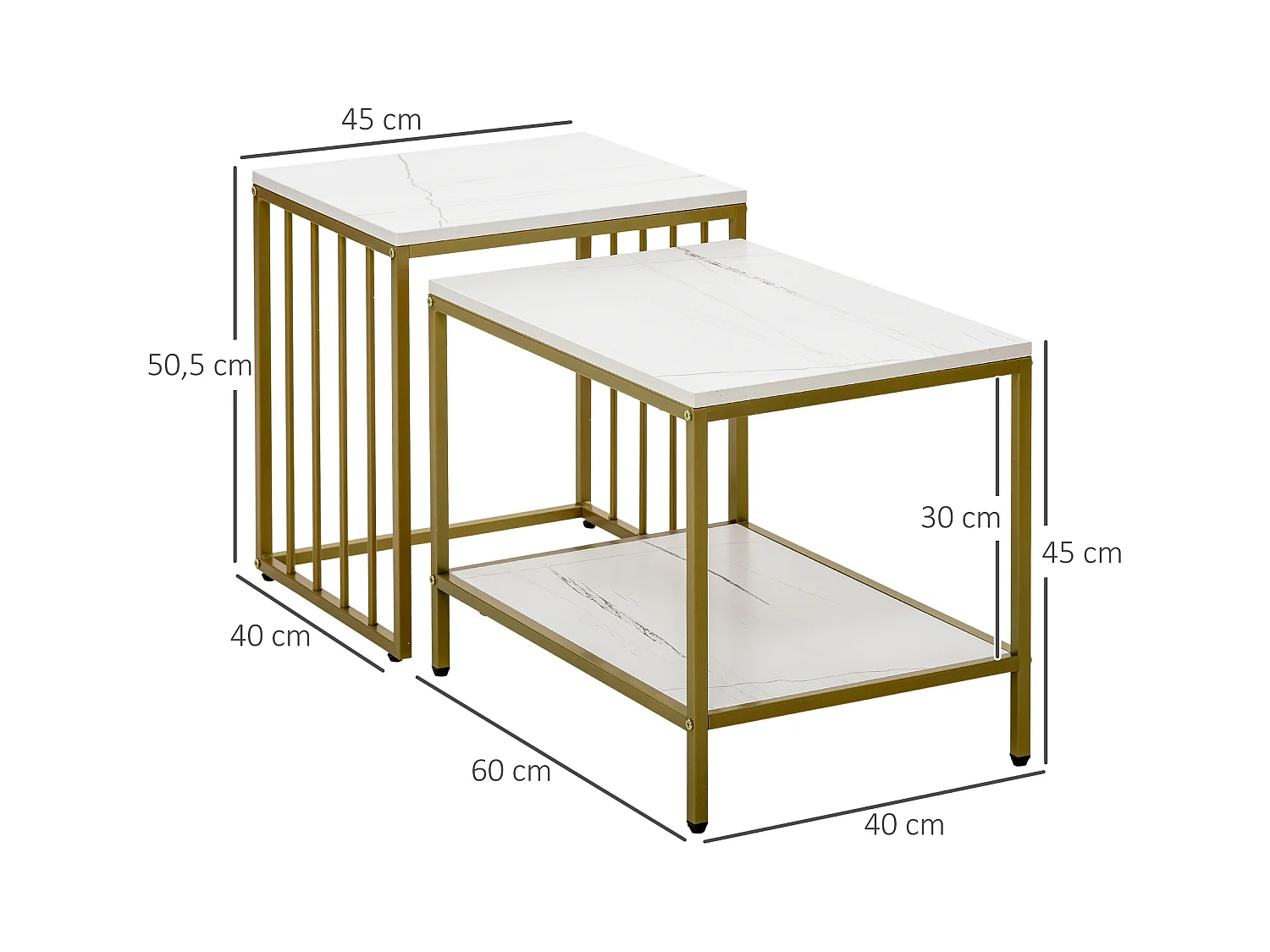 Lot de 2 tables basses gigognes style art déco - acier doré panneaux aspect marbre blanc