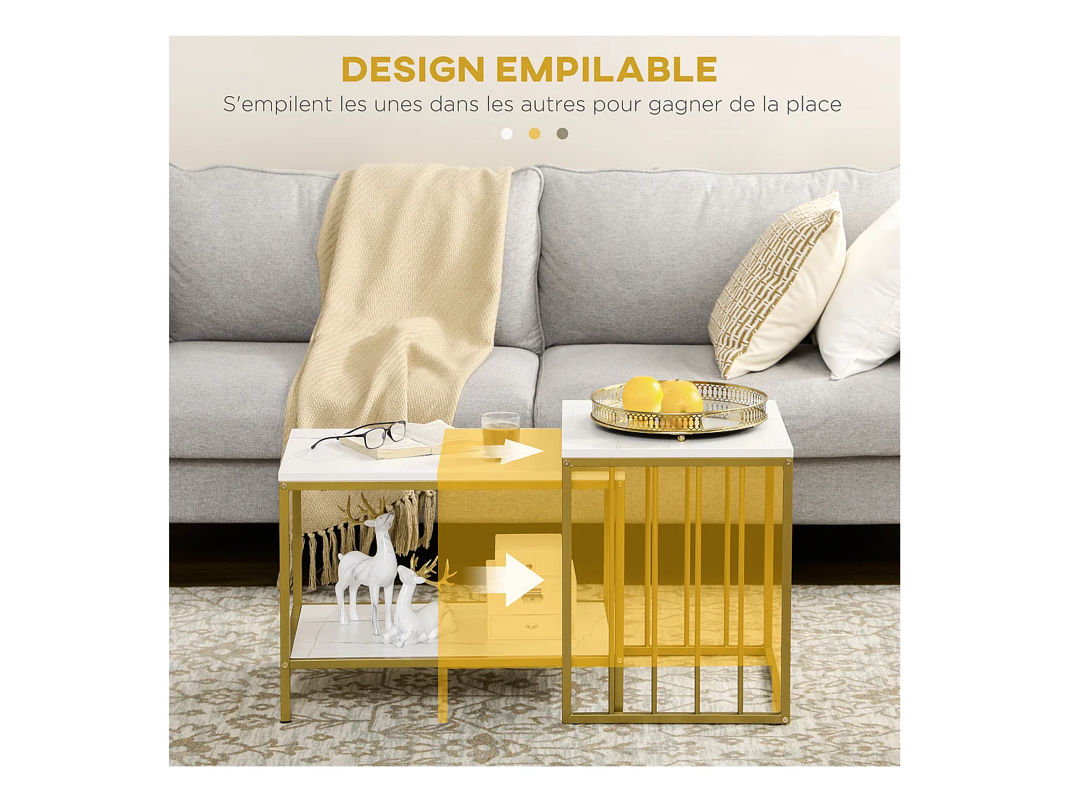 Lot de 2 tables basses gigognes style art déco - acier doré panneaux aspect marbre blanc