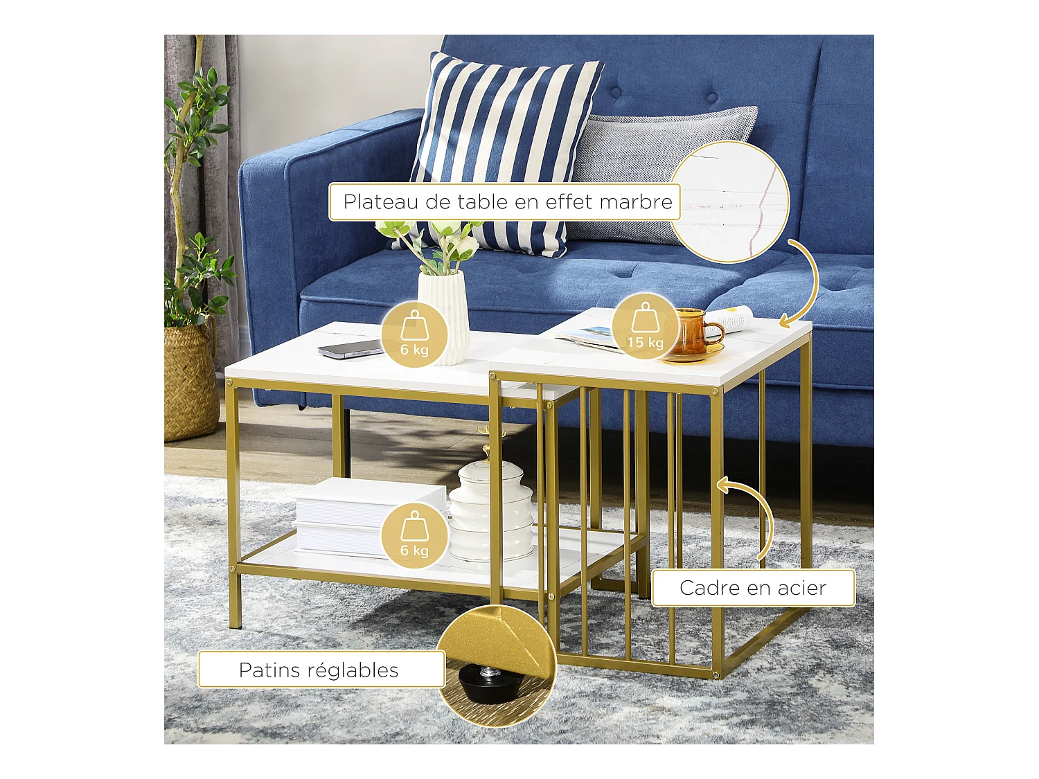 Lot de 2 tables basses gigognes style art déco - acier doré panneaux aspect marbre blanc