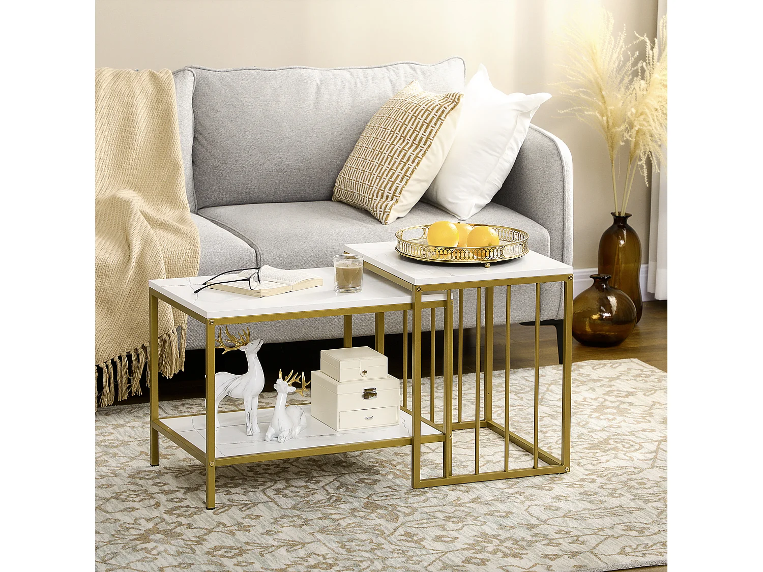 Lot de 2 tables basses gigognes style art déco - acier doré panneaux aspect marbre blanc