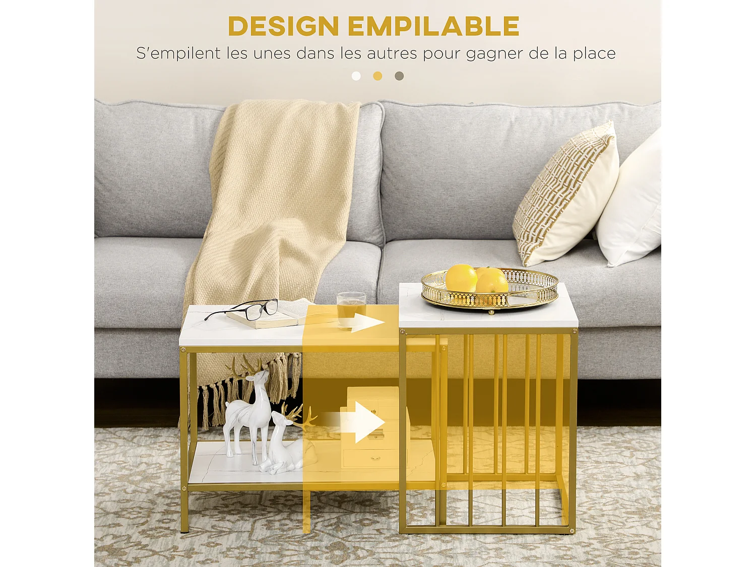 Lot de 2 tables basses gigognes style art déco - acier doré panneaux aspect marbre blanc