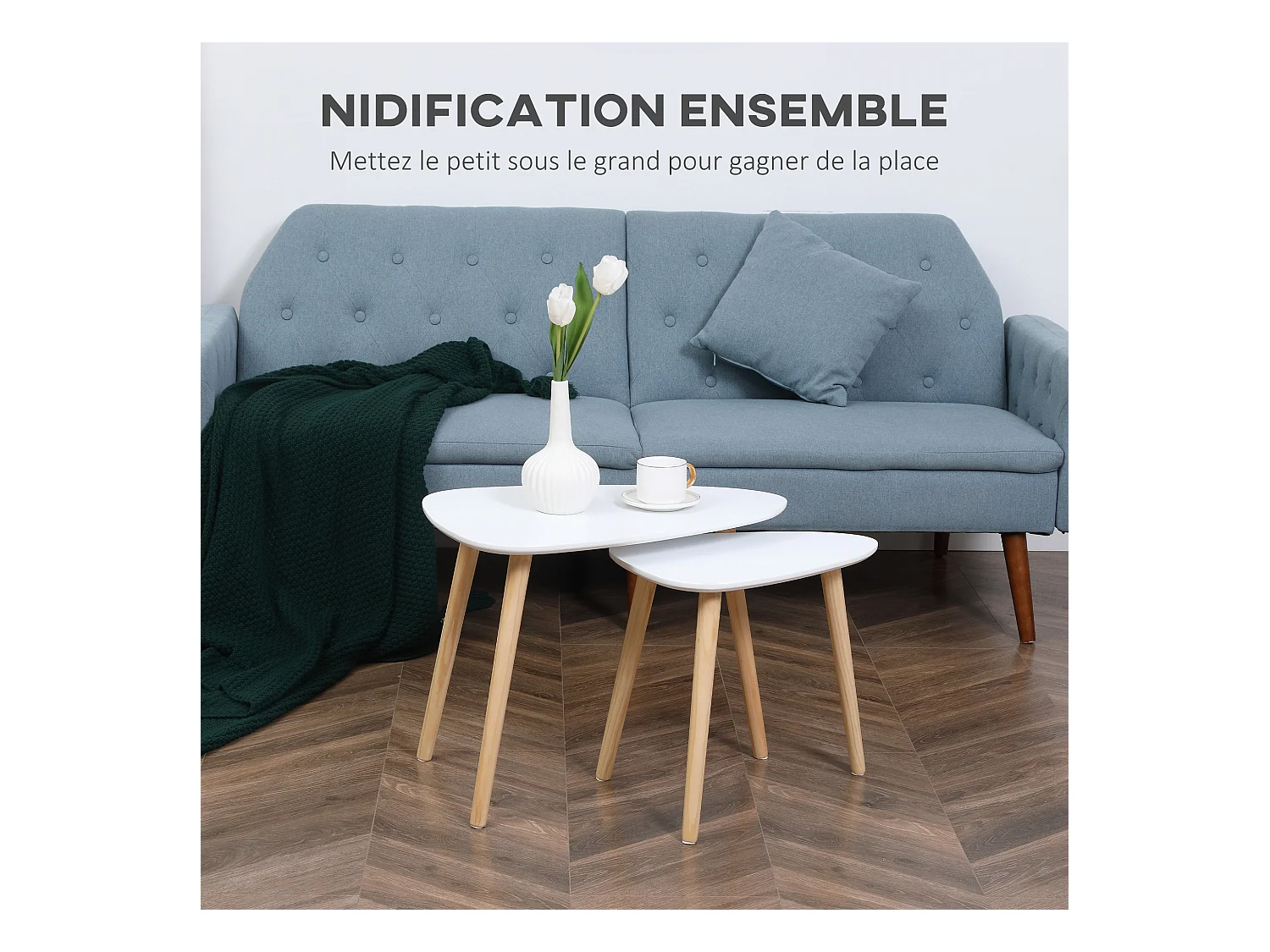 Lot de 2 tables basses gigognes design scandinave bicolore bois clair blanc pieds effilés bois de pin