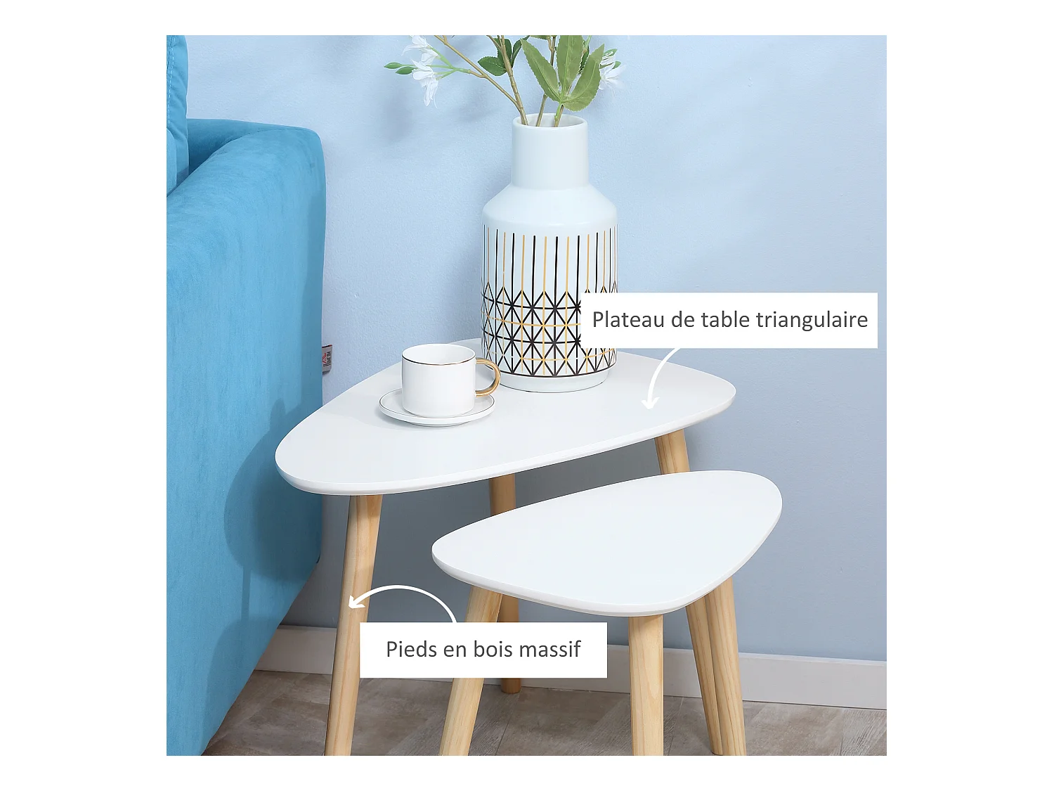 Lot de 2 tables basses gigognes design scandinave bicolore bois clair blanc pieds effilés bois de pin