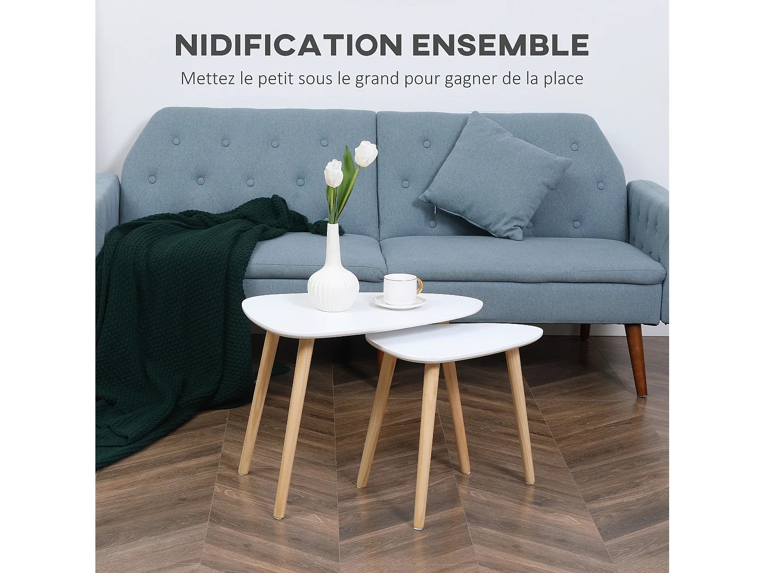 Lot de 2 tables basses gigognes design scandinave bicolore bois clair blanc pieds effilés bois de pin