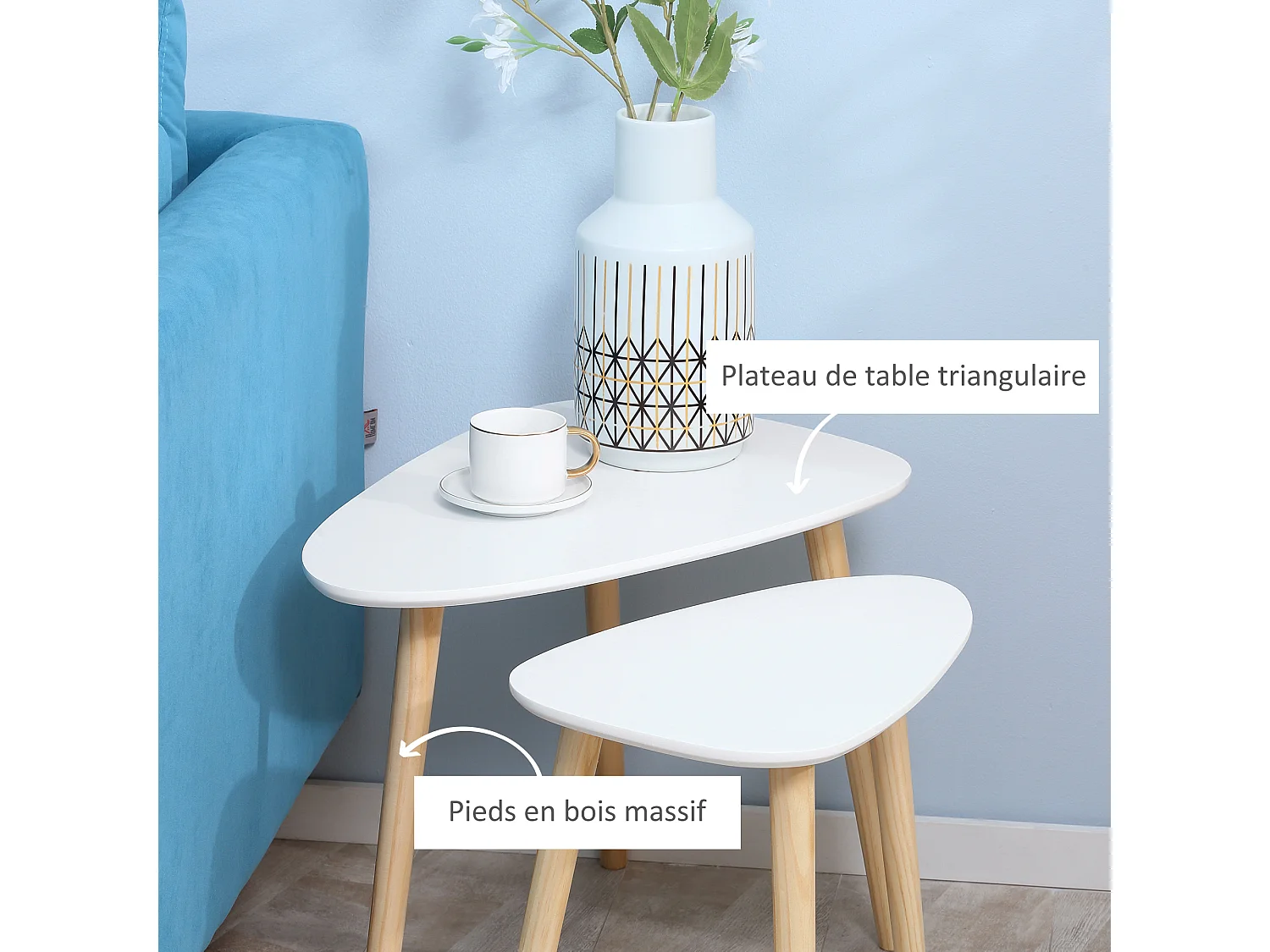 Lot de 2 tables basses gigognes design scandinave bicolore bois clair blanc pieds effilés bois de pin