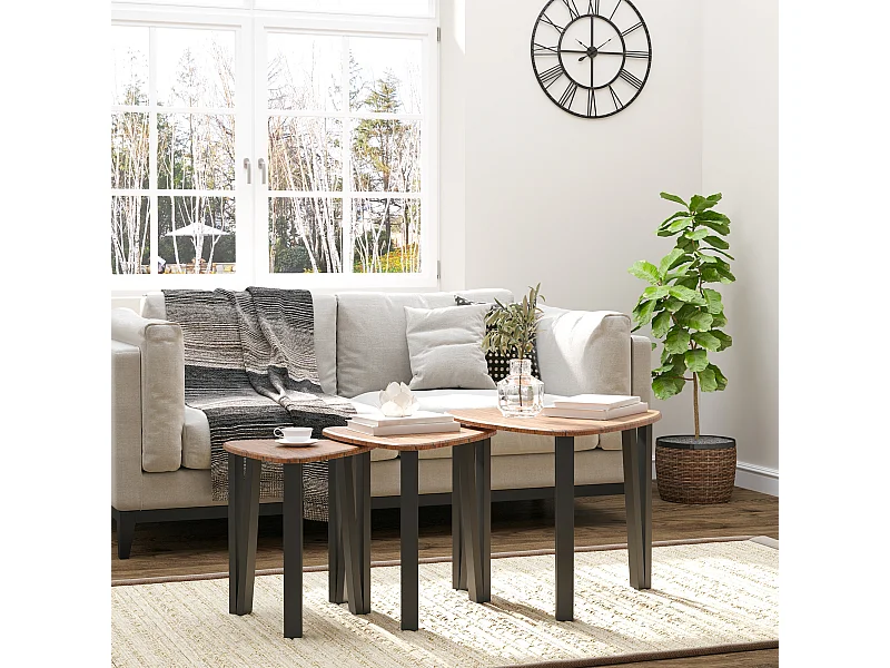 Ensemble de 3 tables basses gigognes encastrables style industriel piètements métal noir en épingle plateaux aspect bois de noyer