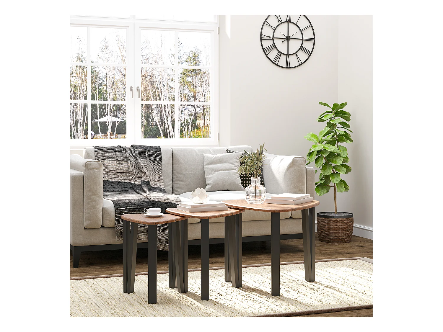 Ensemble de 3 tables basses gigognes encastrables style industriel piètements métal noir en épingle plateaux aspect bois de noyer