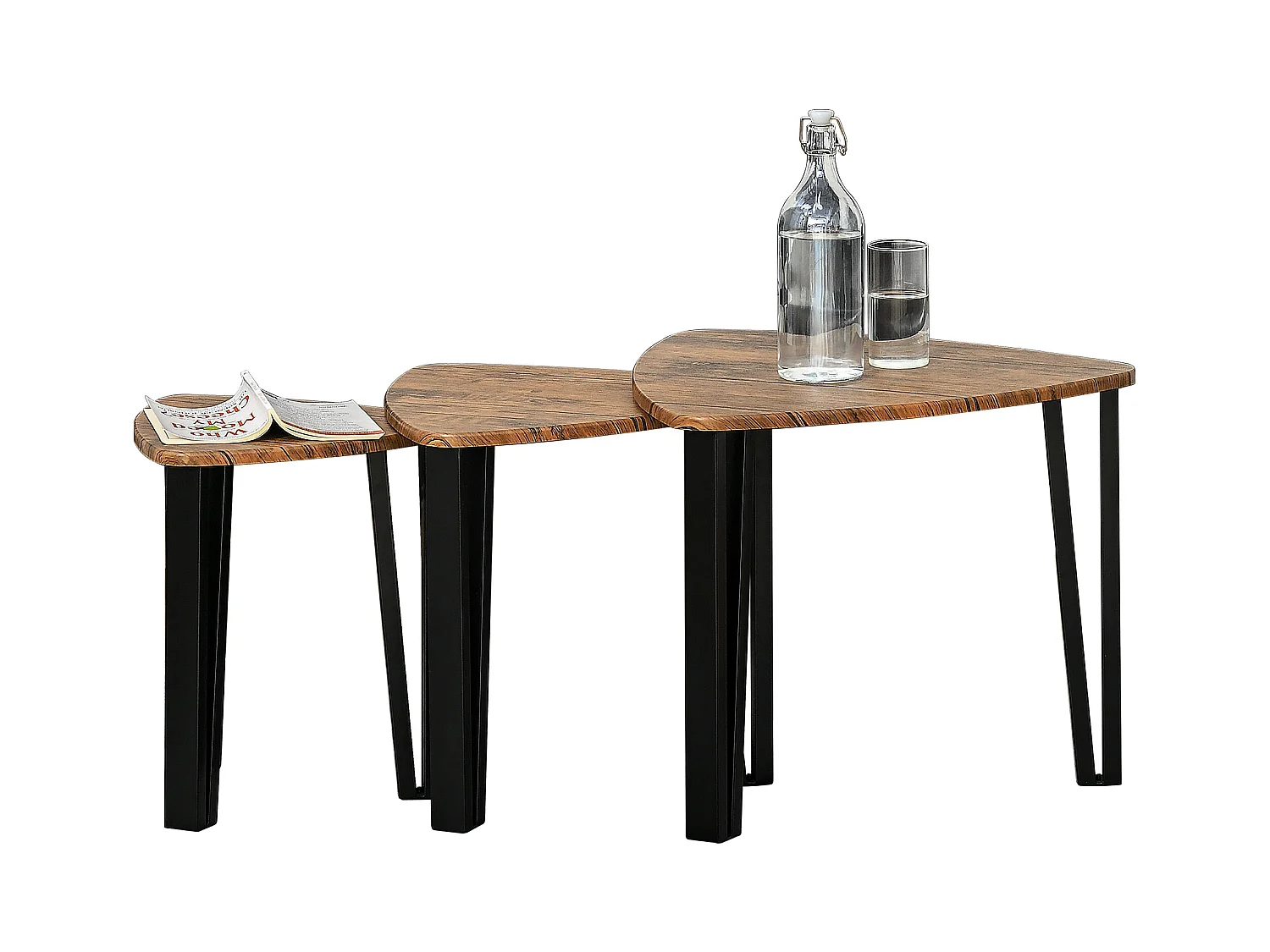 Ensemble de 3 tables basses gigognes encastrables style industriel piètements métal noir en épingle plateaux aspect bois de noyer