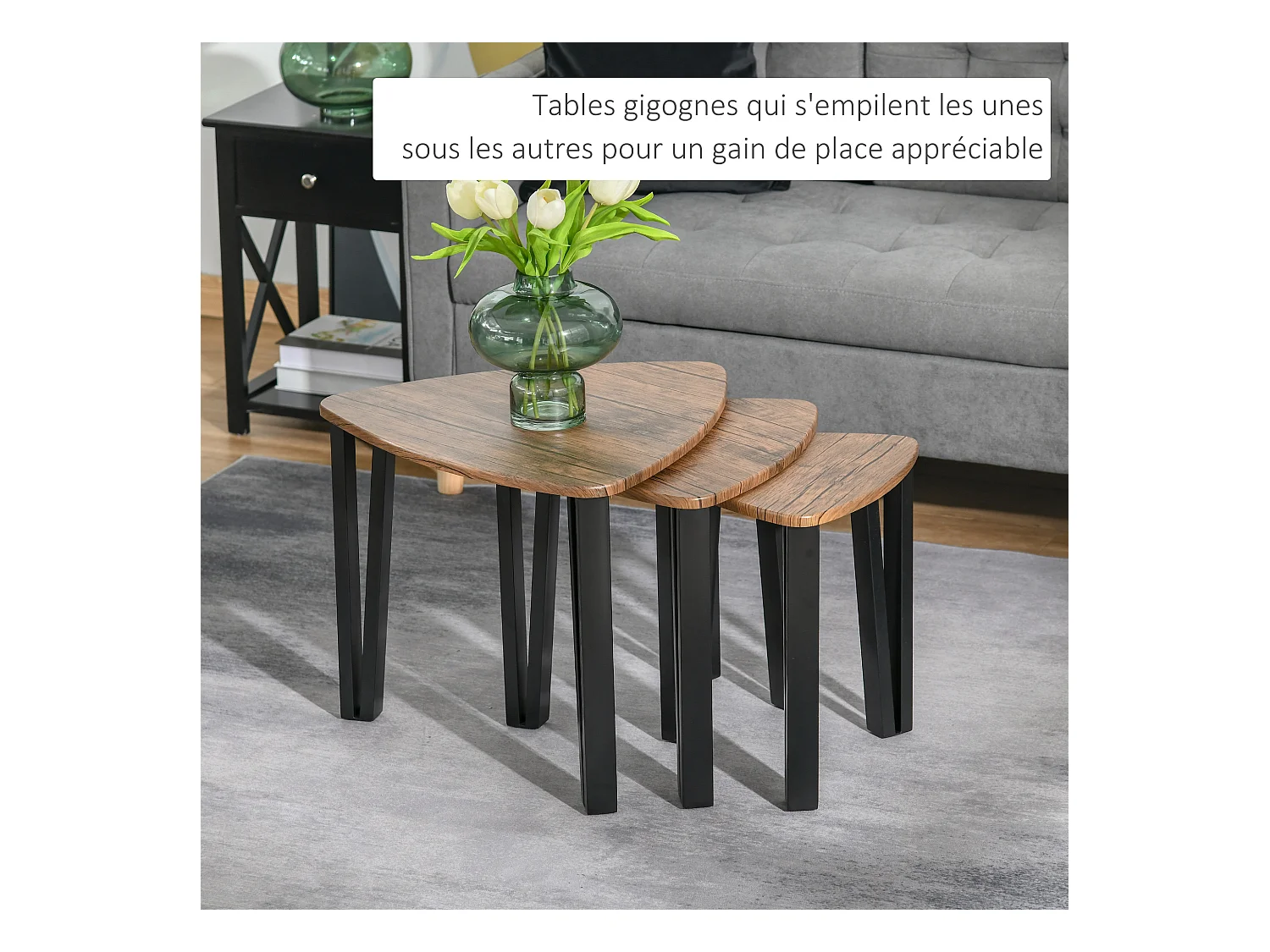 Ensemble de 3 tables basses gigognes encastrables style industriel piètements métal noir en épingle plateaux aspect bois de noyer