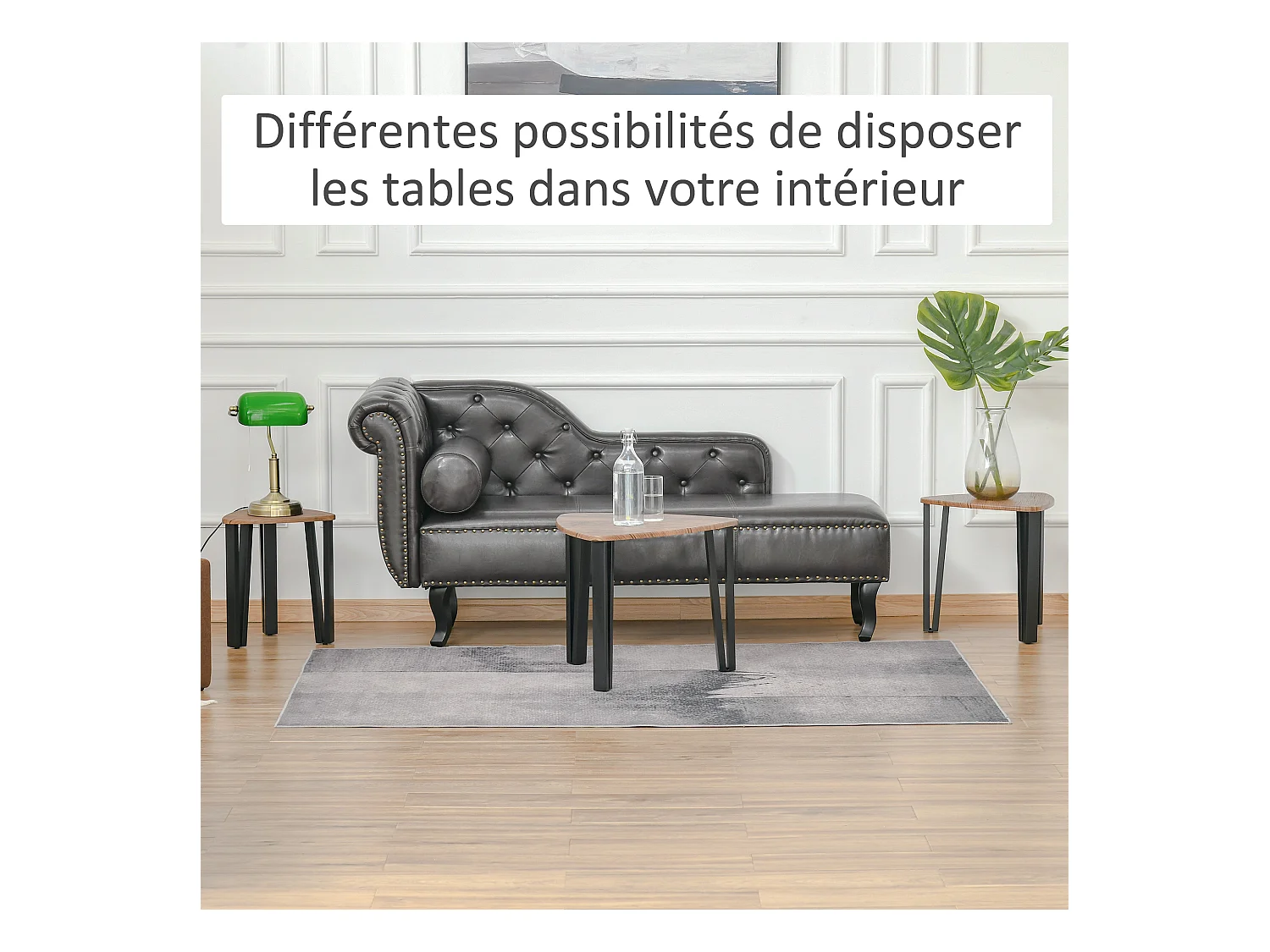 Ensemble de 3 tables basses gigognes encastrables style industriel piètements métal noir en épingle plateaux aspect bois de noyer