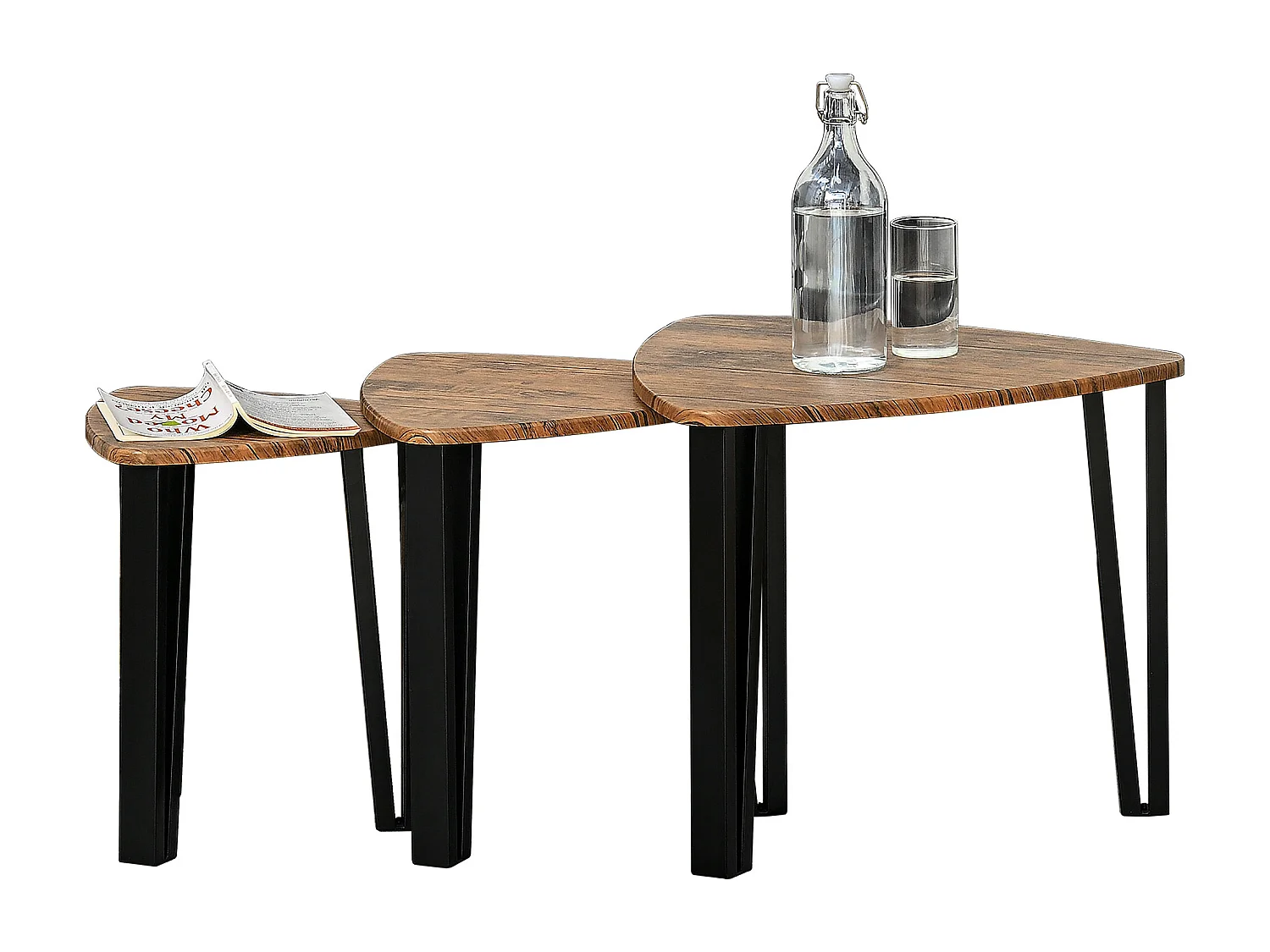 Ensemble de 3 tables basses gigognes encastrables style industriel piètements métal noir en épingle plateaux aspect bois de noyer