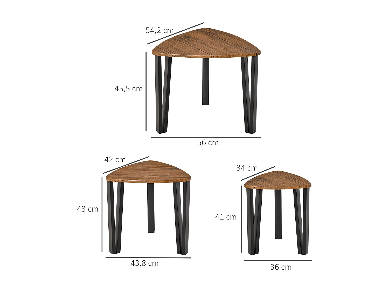 Ensemble de 3 tables basses gigognes encastrables style industriel piètements métal noir en épingle plateaux aspect bois de noyer
