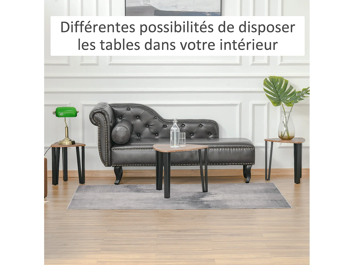 Ensemble de 3 tables basses gigognes encastrables style industriel piètements métal noir en épingle plateaux aspect bois de noyer