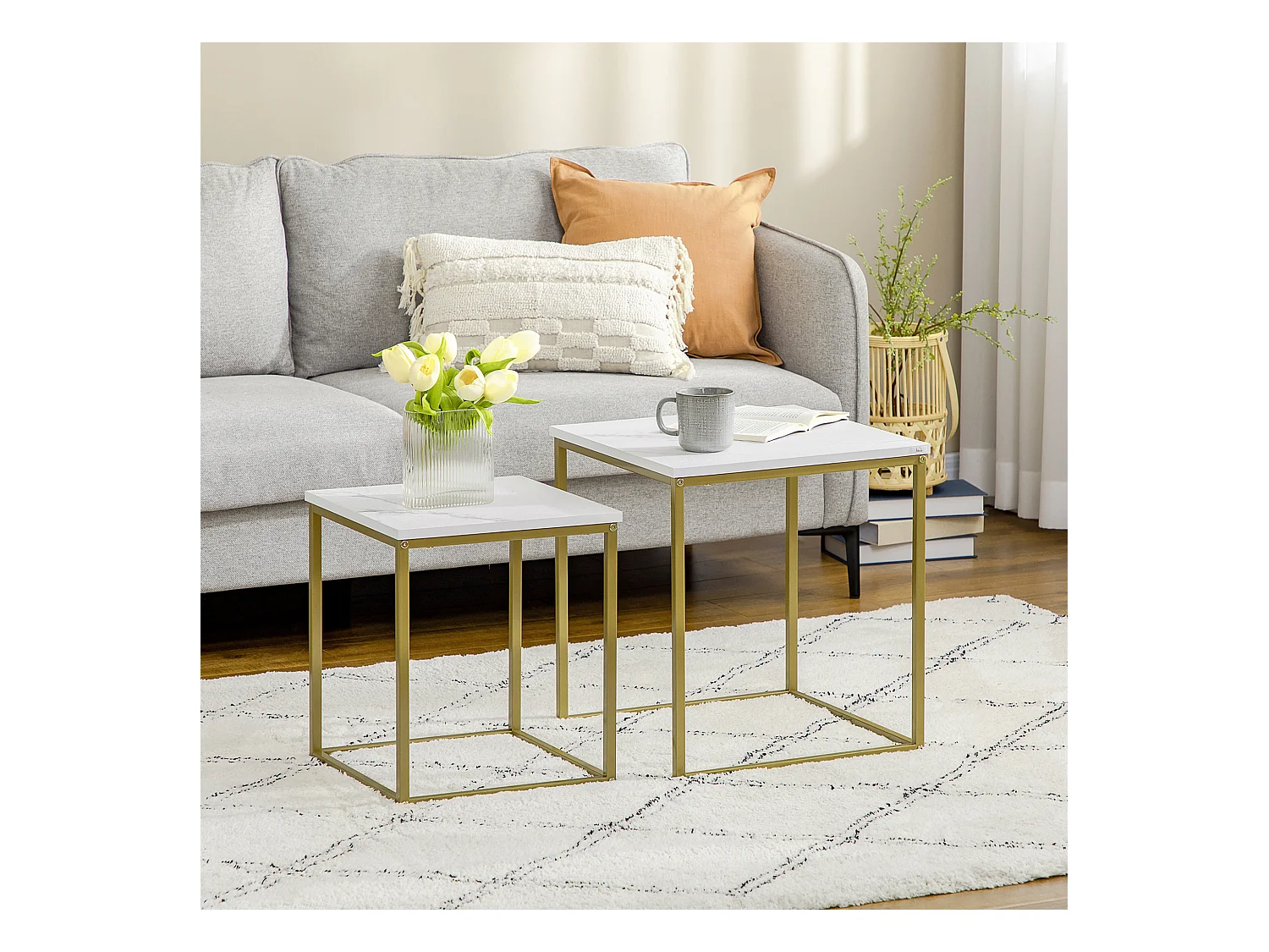 Lot de 2 tables basses gigognes carrées style art déco - acier doré panneaux aspect marbre blanc