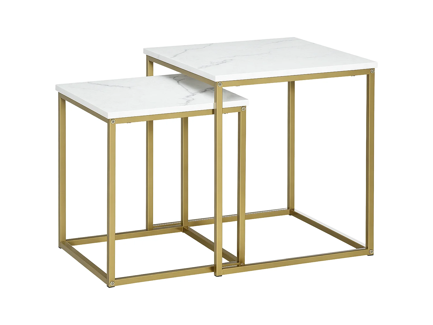 Lot de 2 tables basses gigognes carrées style art déco - acier doré panneaux aspect marbre blanc