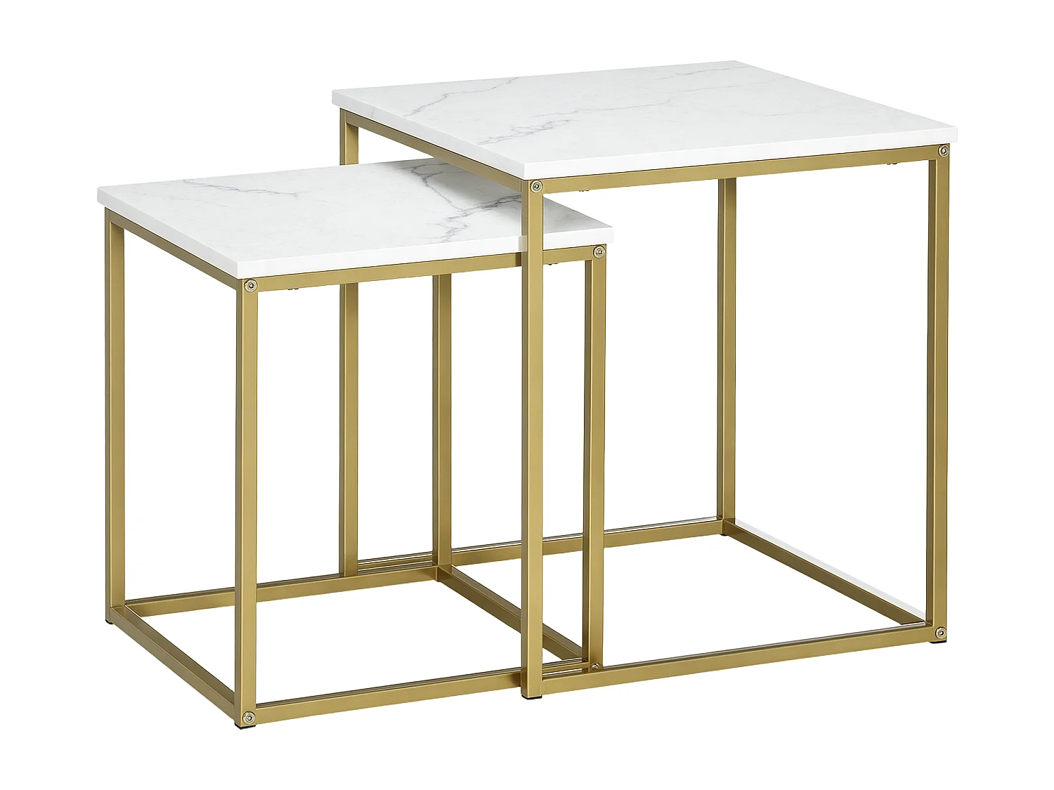 Lot de 2 tables basses gigognes carrées style art déco - acier doré panneaux aspect marbre blanc