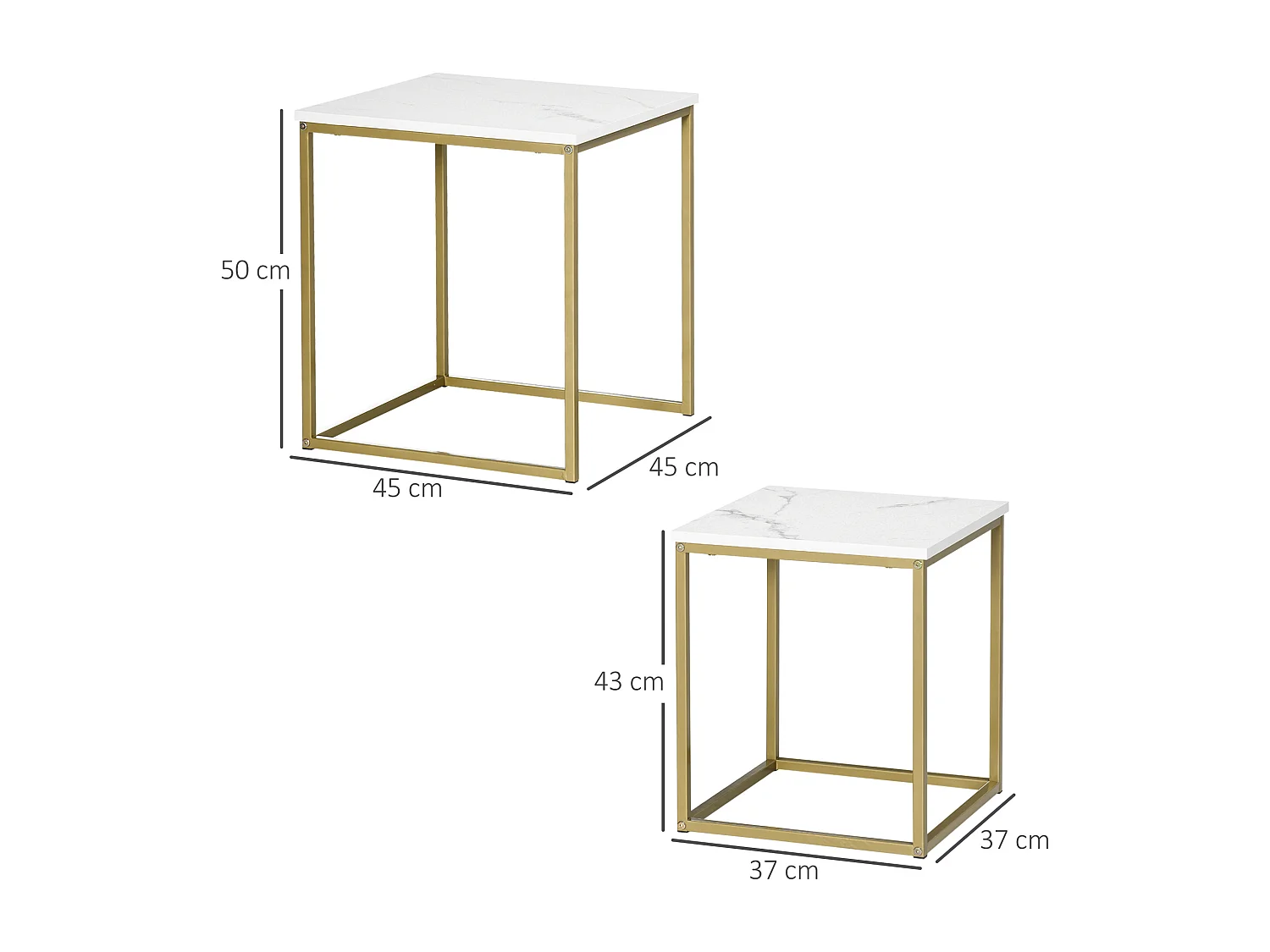 Lot de 2 tables basses gigognes carrées style art déco - acier doré panneaux aspect marbre blanc