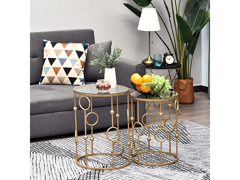 Tables gigognes lot de 2 tables basses rondes design style art déco Ø 41 et Ø 36 cm métal doré verre trempé 5 mm