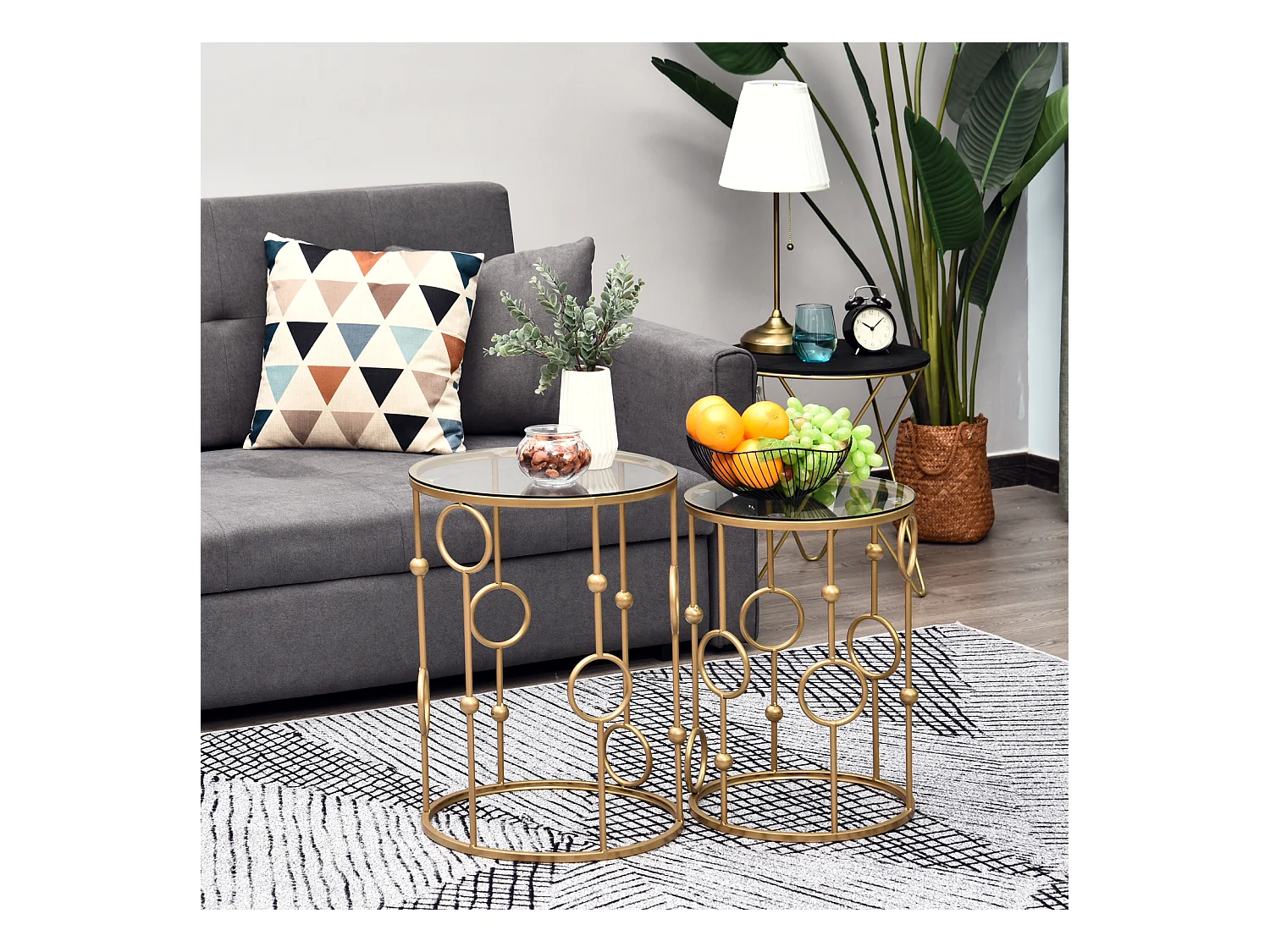 Tables gigognes lot de 2 tables basses rondes design style art déco Ø 41 et Ø 36 cm métal doré verre trempé 5 mm