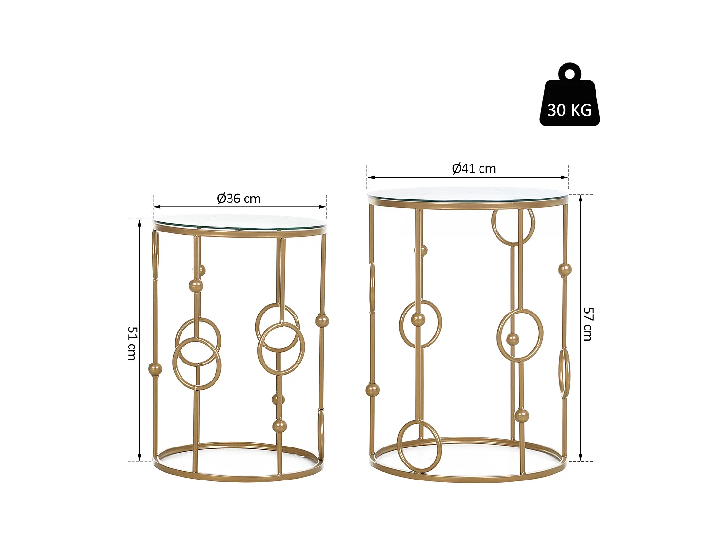 Tables gigognes lot de 2 tables basses rondes design style art déco Ø 41 et Ø 36 cm métal doré verre trempé 5 mm