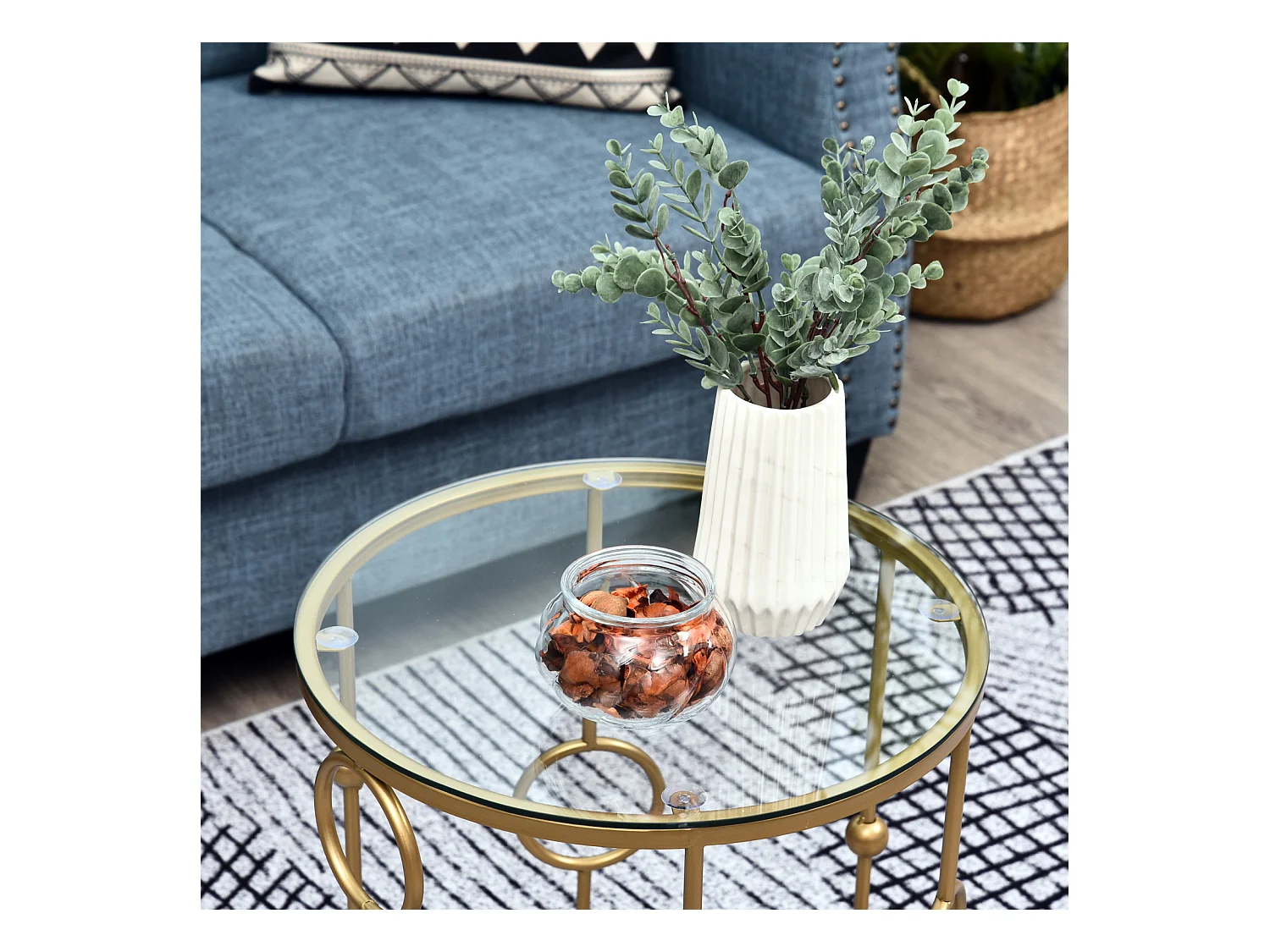 Tables gigognes lot de 2 tables basses rondes design style art déco Ø 41 et Ø 36 cm métal doré verre trempé 5 mm