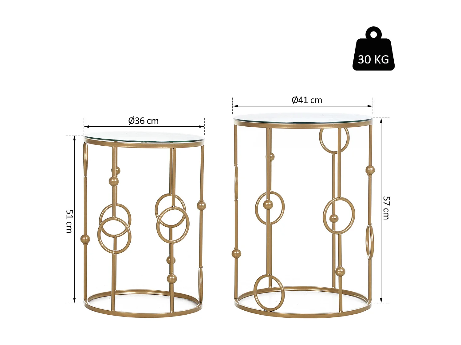Tables gigognes lot de 2 tables basses rondes design style art déco Ø 41 et Ø 36 cm métal doré verre trempé 5 mm