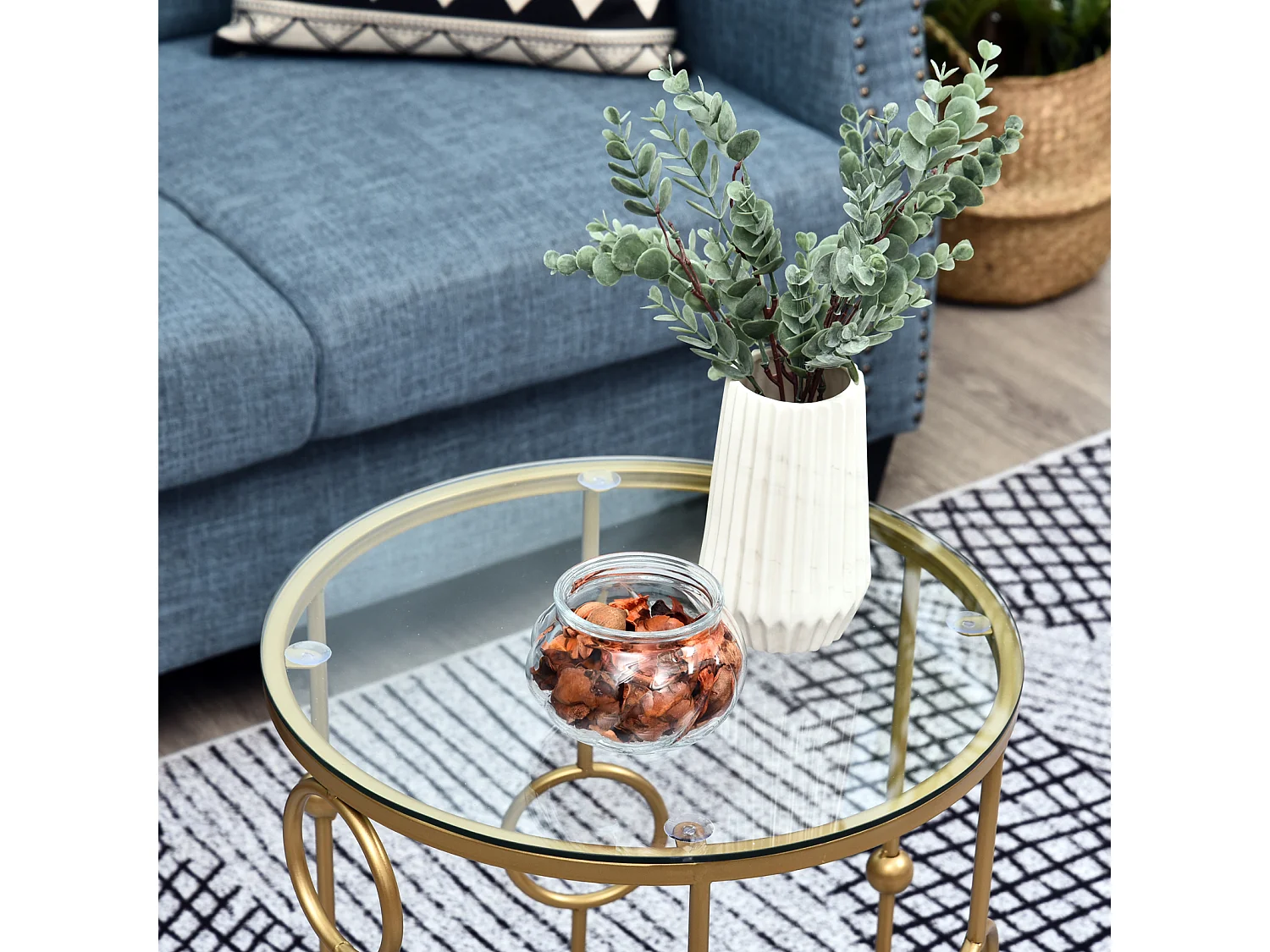 Tables gigognes lot de 2 tables basses rondes design style art déco Ø 41 et Ø 36 cm métal doré verre trempé 5 mm