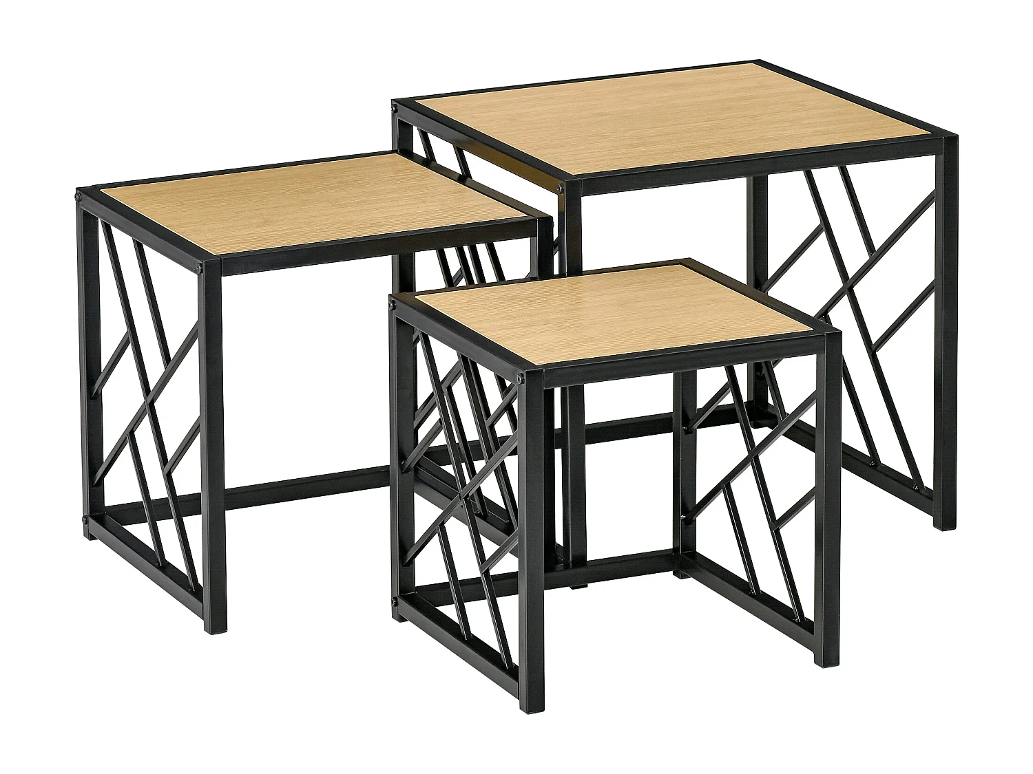 Ensemble de 3 tables basses gigognes encastrables style industriel métal noir aspect bois clair
