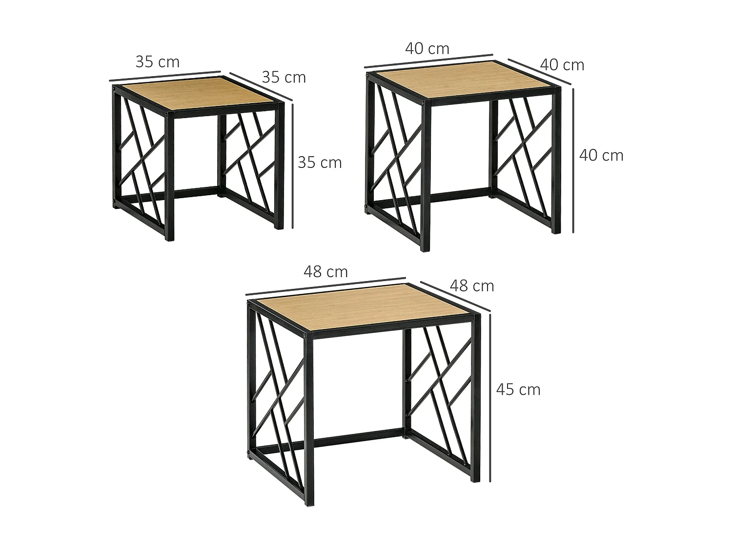 Ensemble de 3 tables basses gigognes encastrables style industriel métal noir aspect bois clair