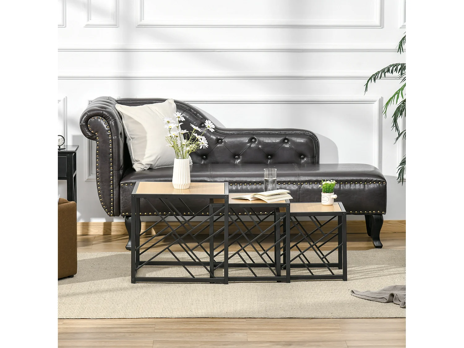 Ensemble de 3 tables basses gigognes encastrables style industriel métal noir aspect bois clair