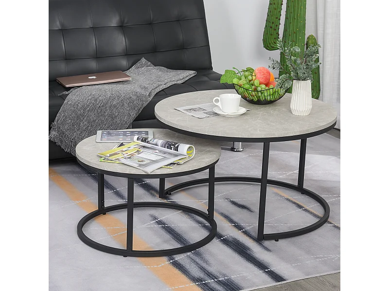 Lot de 2 tables basses rondes gigogne empilables plateau MDF gris et pieds en métal noir