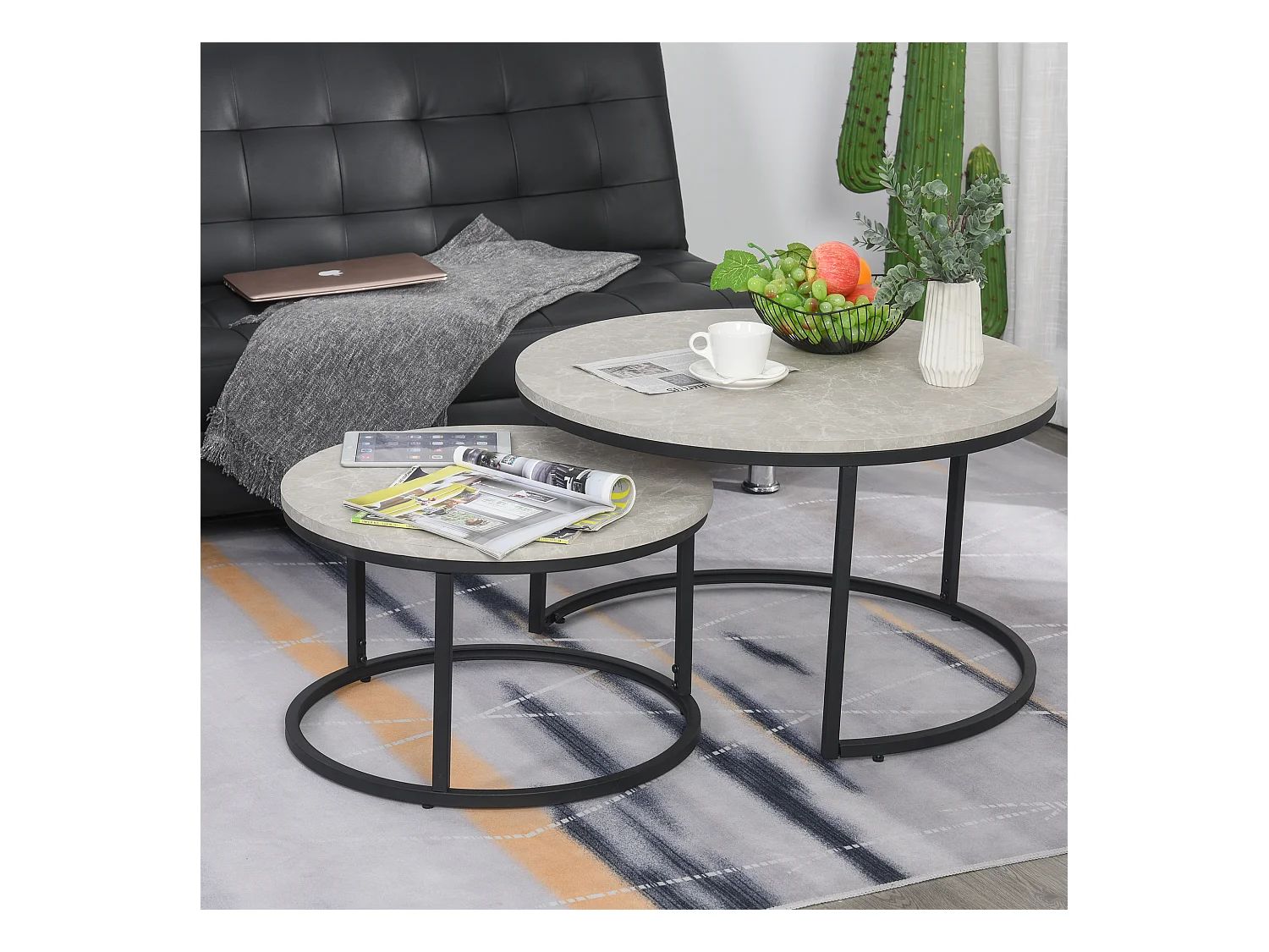 Lot de 2 tables basses rondes gigogne empilables plateau MDF gris et pieds en métal noir