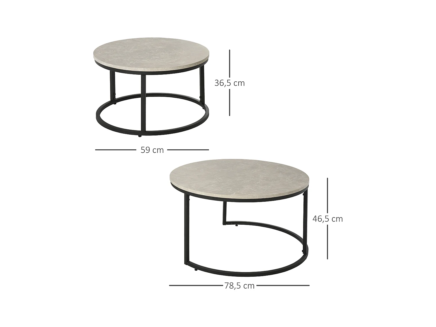 Lot de 2 tables basses rondes gigogne empilables plateau MDF gris et pieds en métal noir