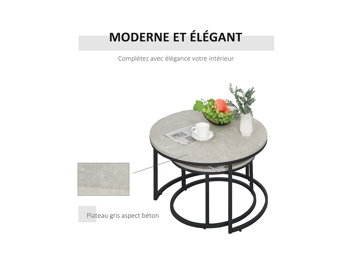 Lot de 2 tables basses rondes gigogne empilables plateau MDF gris et pieds en métal noir