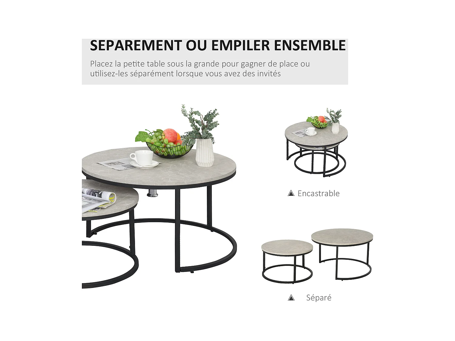 Lot de 2 tables basses rondes gigogne empilables plateau MDF gris et pieds en métal noir