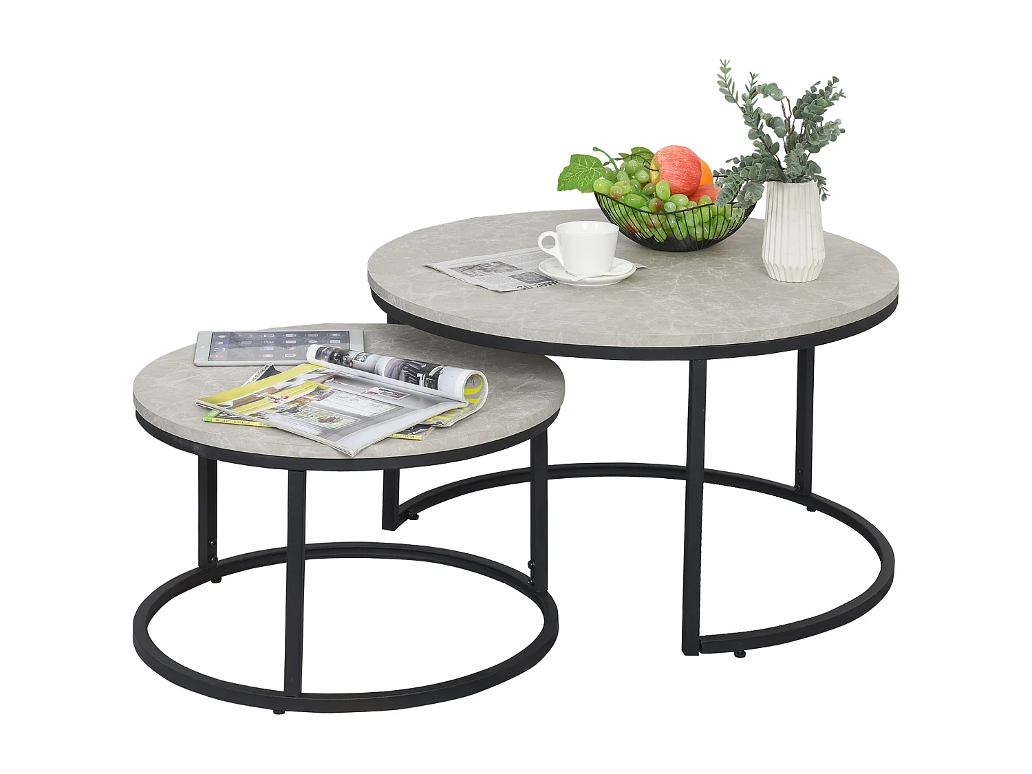 Lot de 2 tables basses rondes gigogne empilables plateau MDF gris et pieds en métal noir
