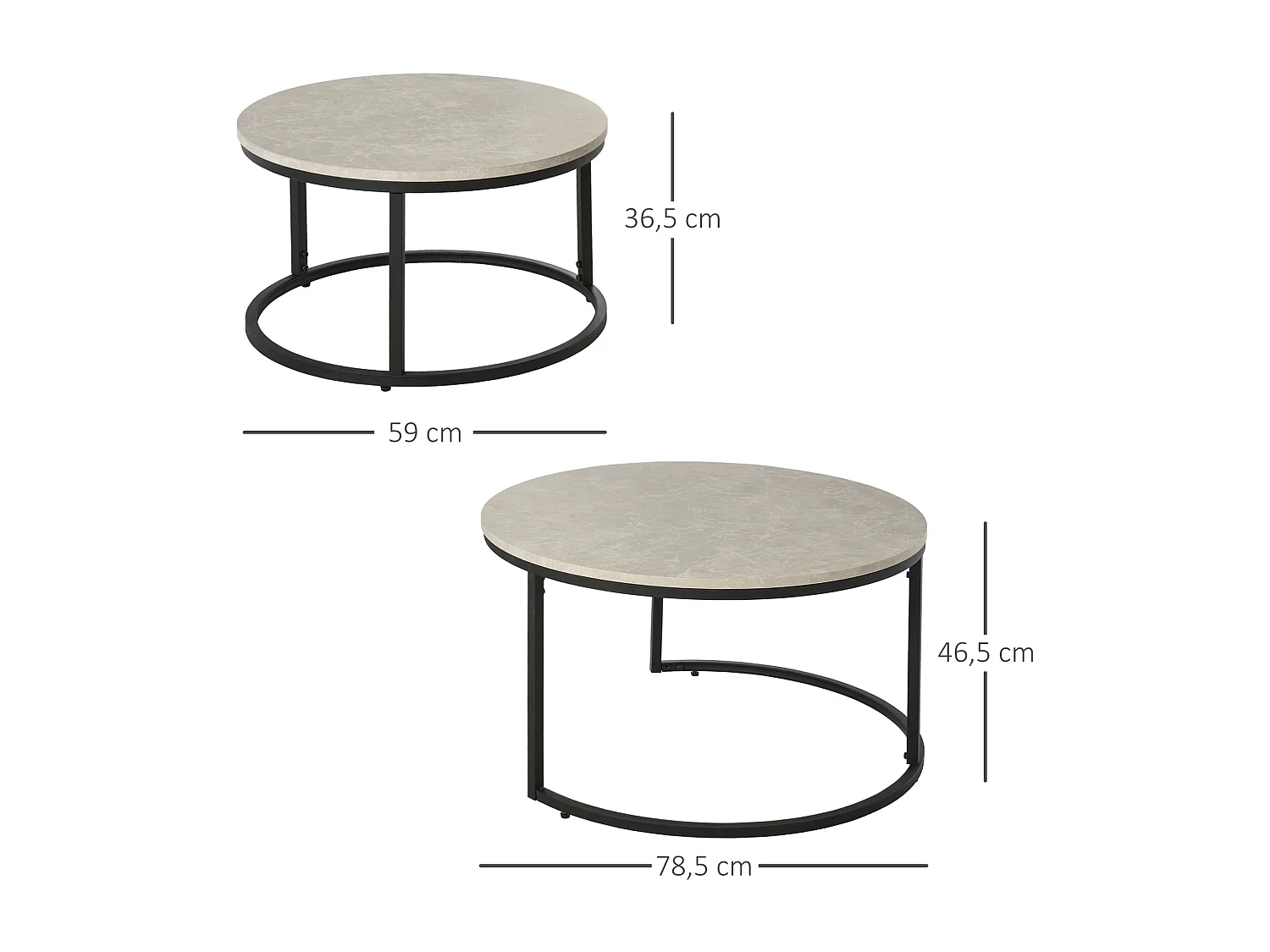 Lot de 2 tables basses rondes gigogne empilables plateau MDF gris et pieds en métal noir