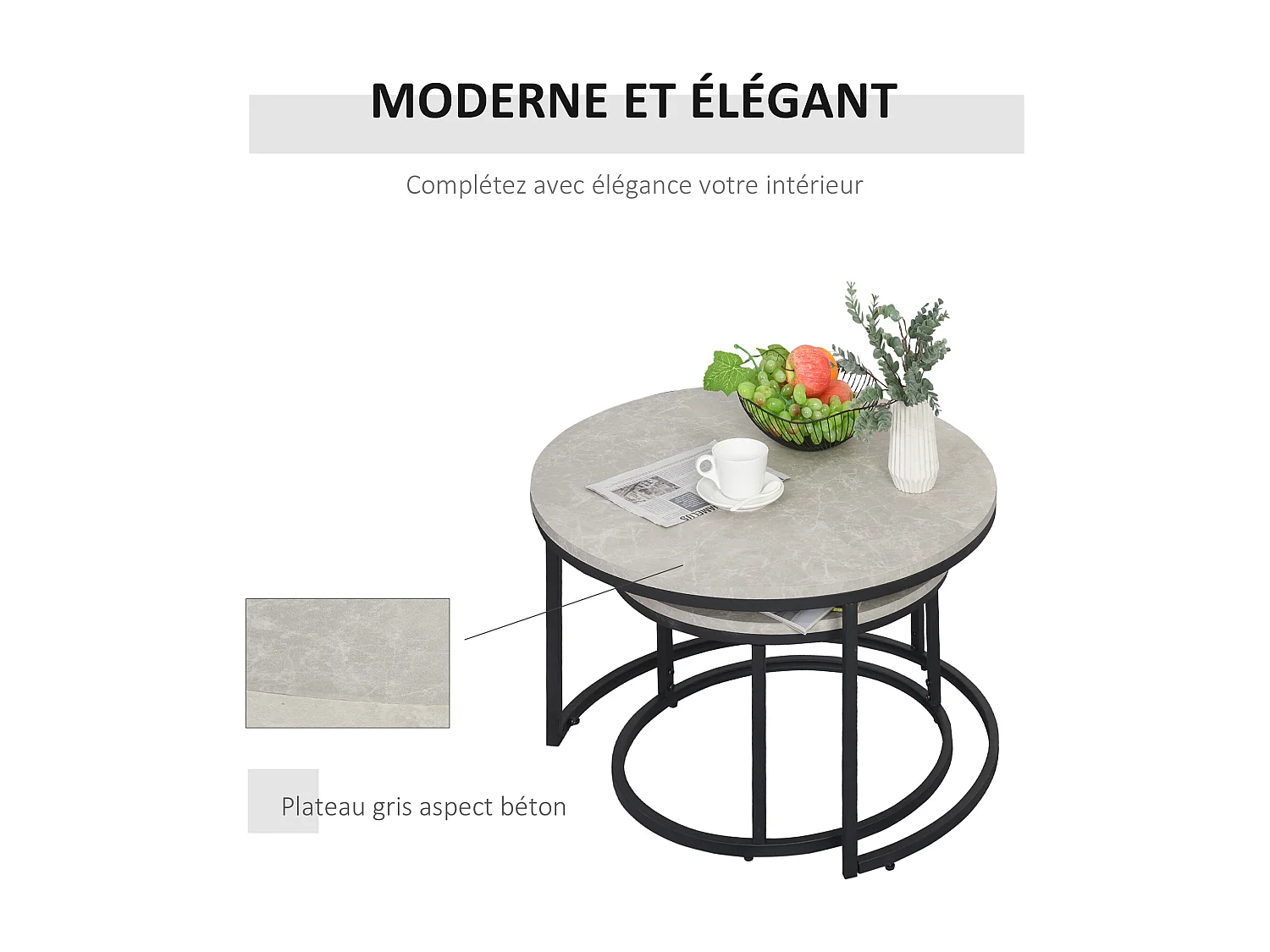 Lot de 2 tables basses rondes gigogne empilables plateau MDF gris et pieds en métal noir