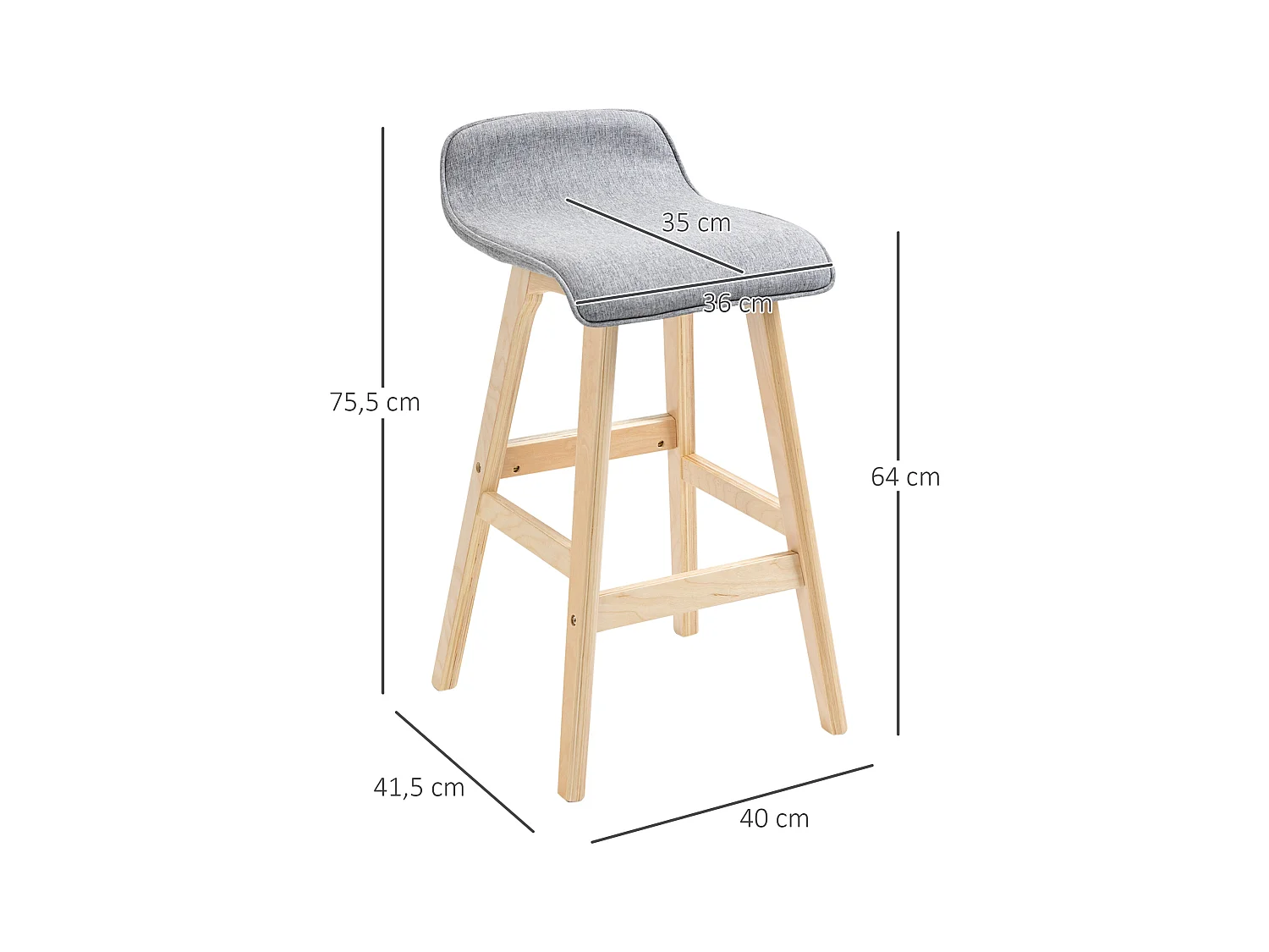 Tabourets de bar style scandinave - lot de 2 tabourets de bar avec repose-pieds - bois de sapin tissu polyester aspect lin gris