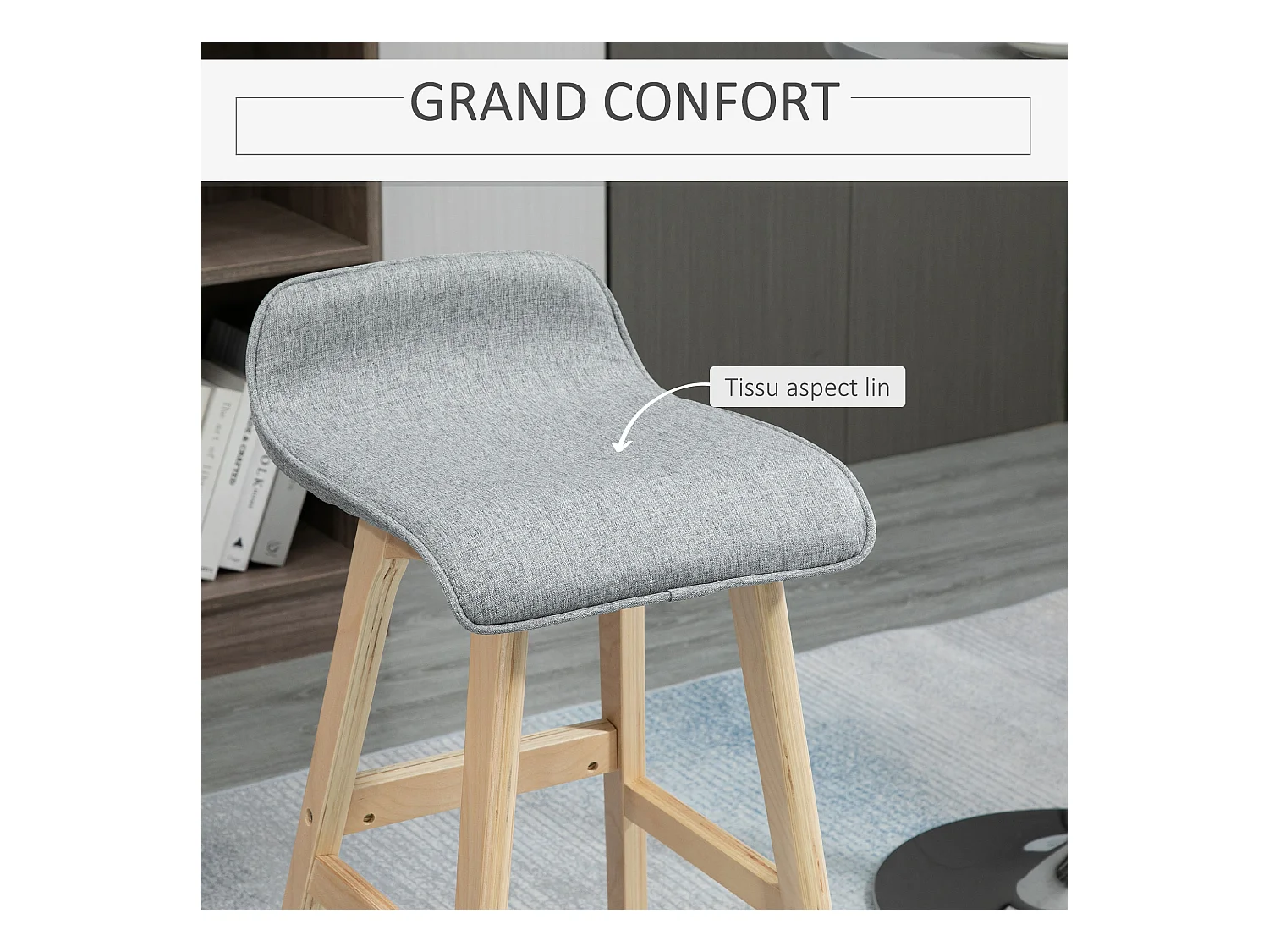 Tabourets de bar style scandinave - lot de 2 tabourets de bar avec repose-pieds - bois de sapin tissu polyester aspect lin gris