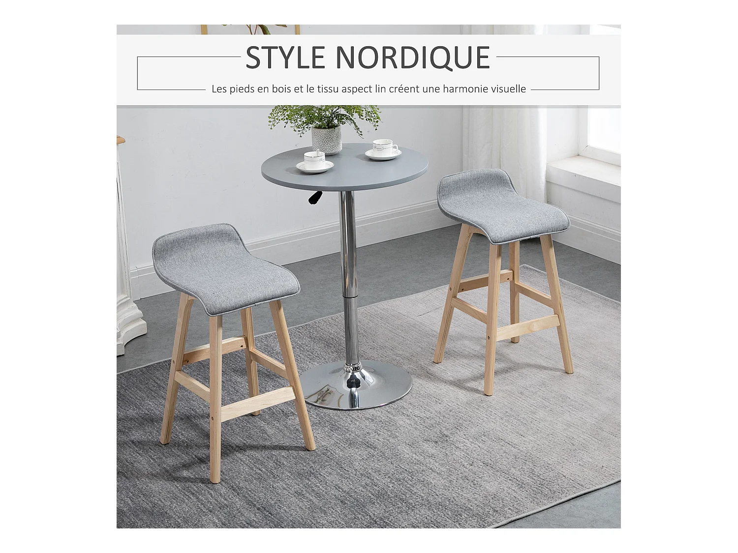 Tabourets de bar style scandinave - lot de 2 tabourets de bar avec repose-pieds - bois de sapin tissu polyester aspect lin gris