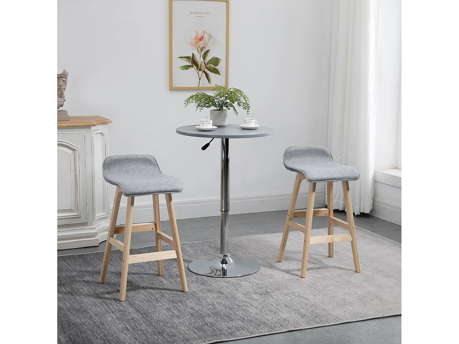 Tabourets de bar style scandinave - lot de 2 tabourets de bar avec repose-pieds - bois de sapin tissu polyester aspect lin gris