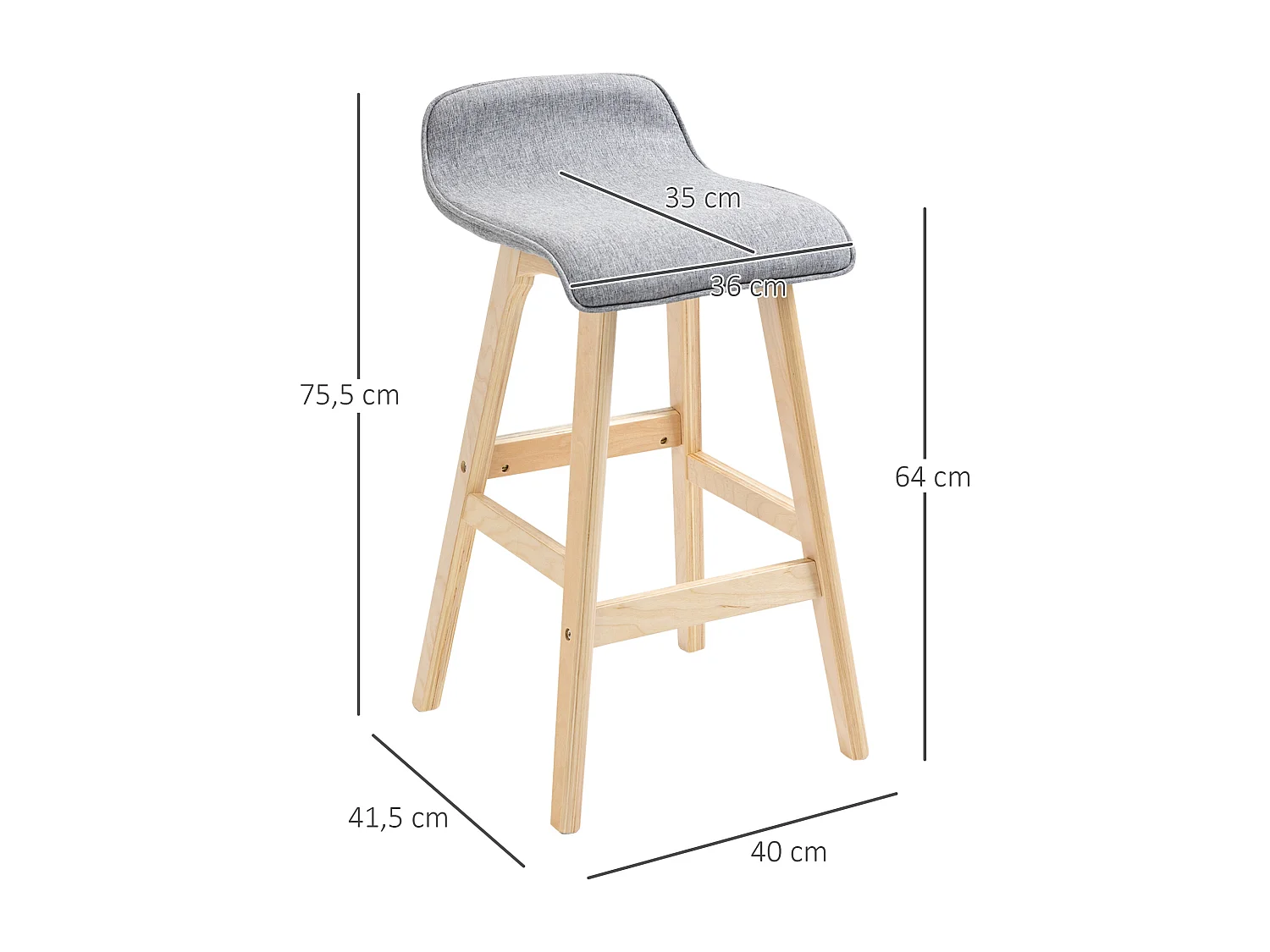 Tabourets de bar style scandinave - lot de 2 tabourets de bar avec repose-pieds - bois de sapin tissu polyester aspect lin gris