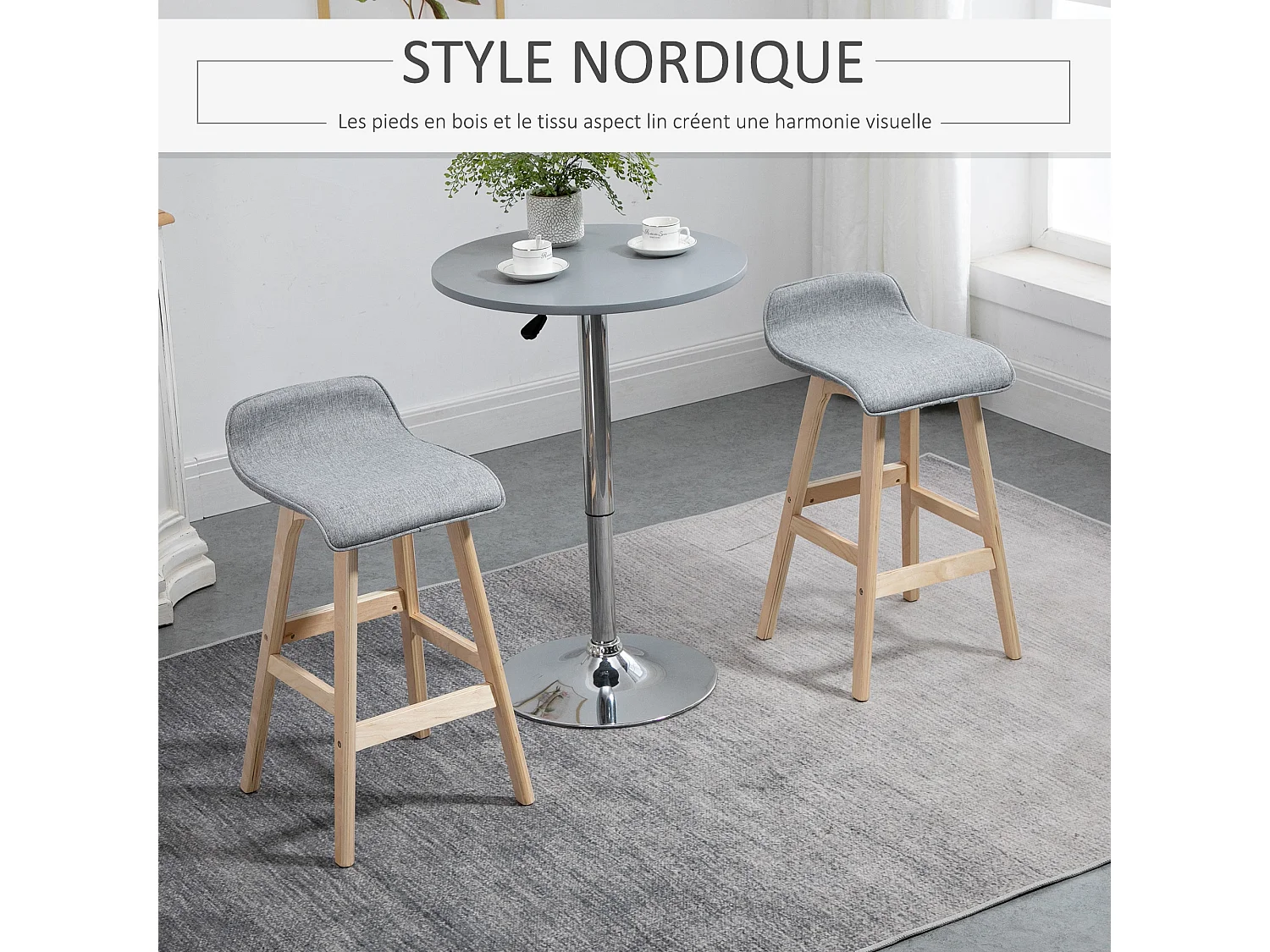 Tabourets de bar style scandinave - lot de 2 tabourets de bar avec repose-pieds - bois de sapin tissu polyester aspect lin gris