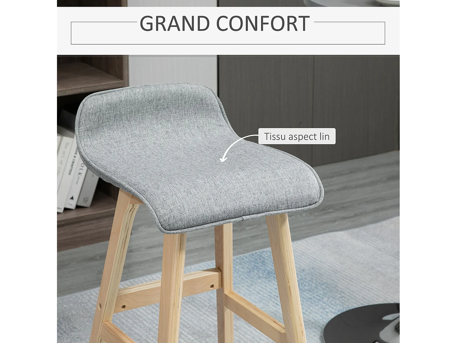 Tabourets de bar style scandinave - lot de 2 tabourets de bar avec repose-pieds - bois de sapin tissu polyester aspect lin gris