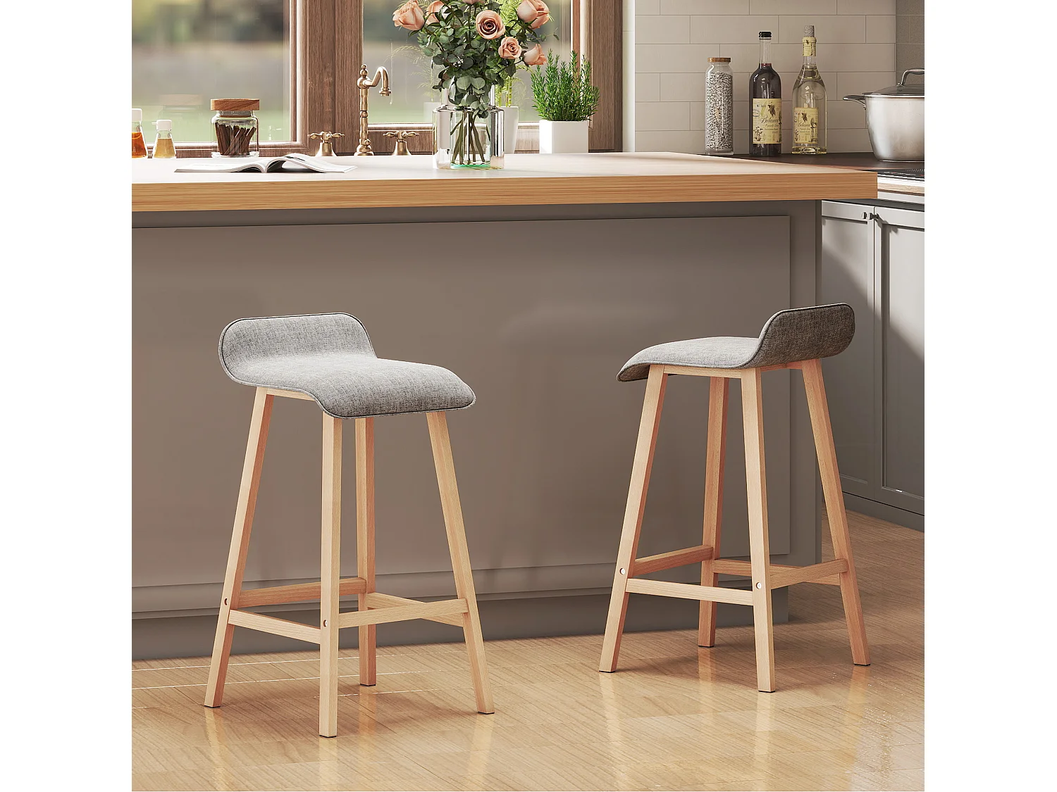 Tabourets de bar style scandinave - lot de 2 tabourets de bar avec repose-pieds - bois de sapin tissu polyester aspect lin gris
