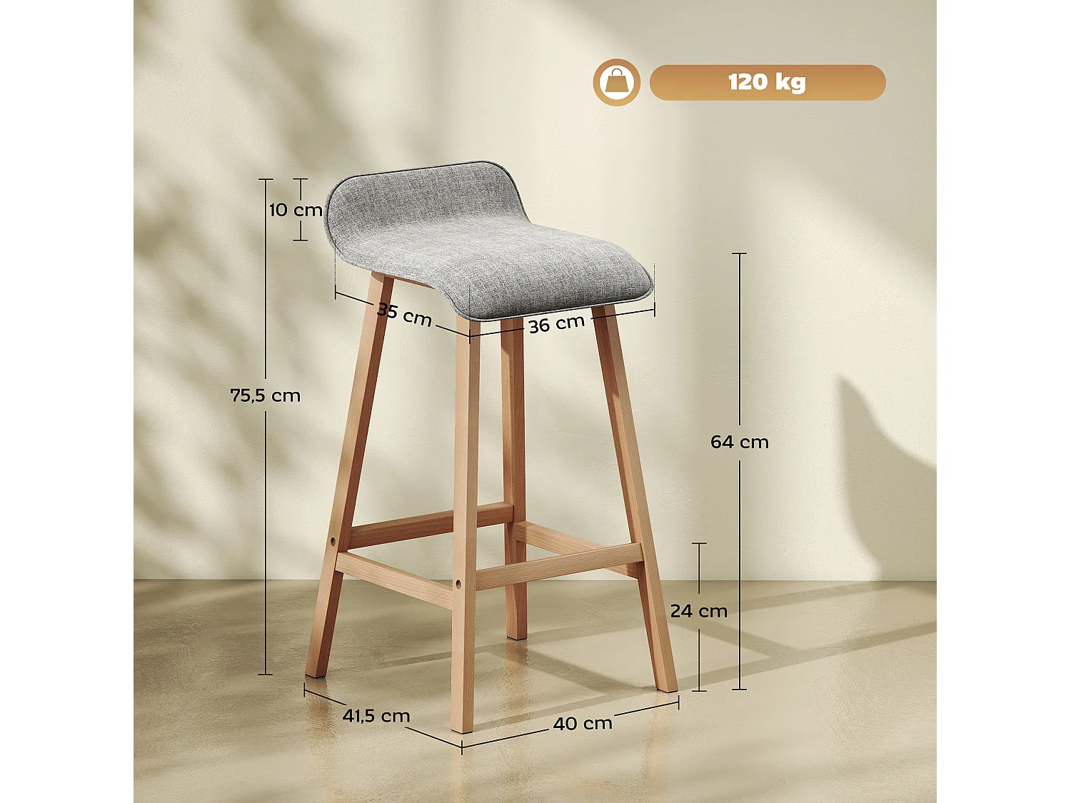 Tabourets de bar style scandinave - lot de 2 tabourets de bar avec repose-pieds - bois de sapin tissu polyester aspect lin gris