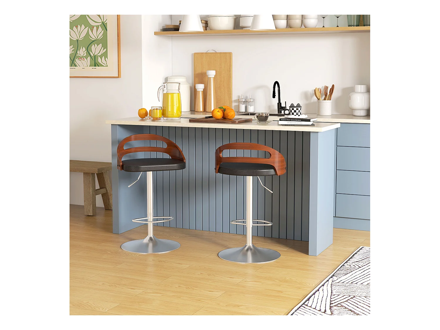 Lot de 2 tabourets de bar design contemporain hauteur d'assise réglable pivotant 360° revêtement synthétique noir dossier ajouré aspect bois